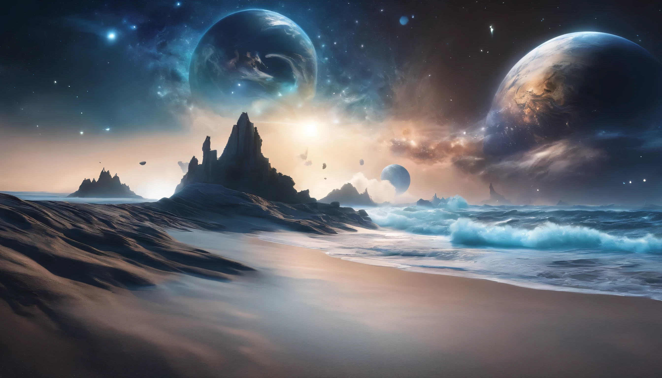 huge planet, the night, starrysky, surrealism, masutepiece, hight resolution、Impressive Milky Way:1.9、sand beach、Vast blue ocean、Blue glacier、lightning bolt:1.9、Protoplanets