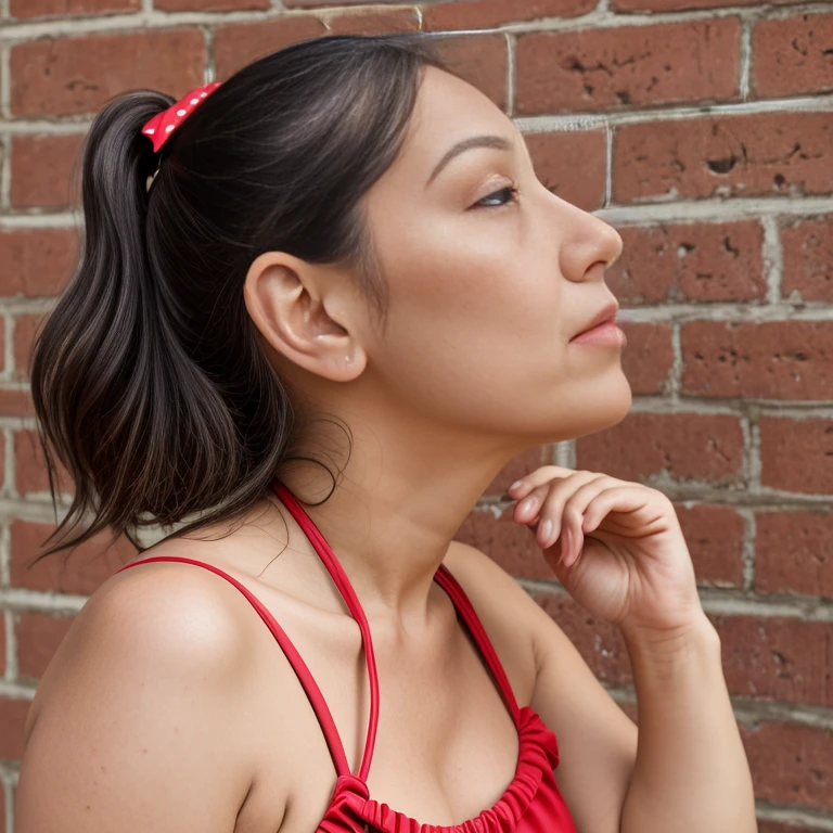 (detailed photograph), 3/4 view, photograph of woman, wrinkles, milf, natural skin, correct face, black hair, red bows,
 swimsuit, full body, good lighting, green background, brick wall, ElchiruH0000
