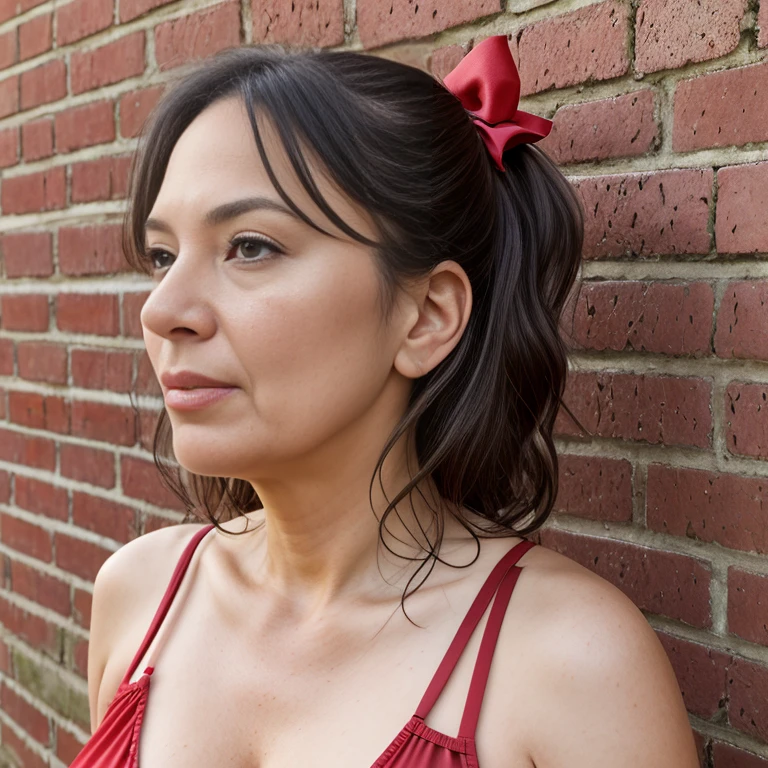 (detailed photograph), 3/4 view, photograph of woman, wrinkles, milf, natural skin, correct face, black hair, red bows,
 swimsuit, full body, good lighting, green background, brick wall, ElchiruH0000
