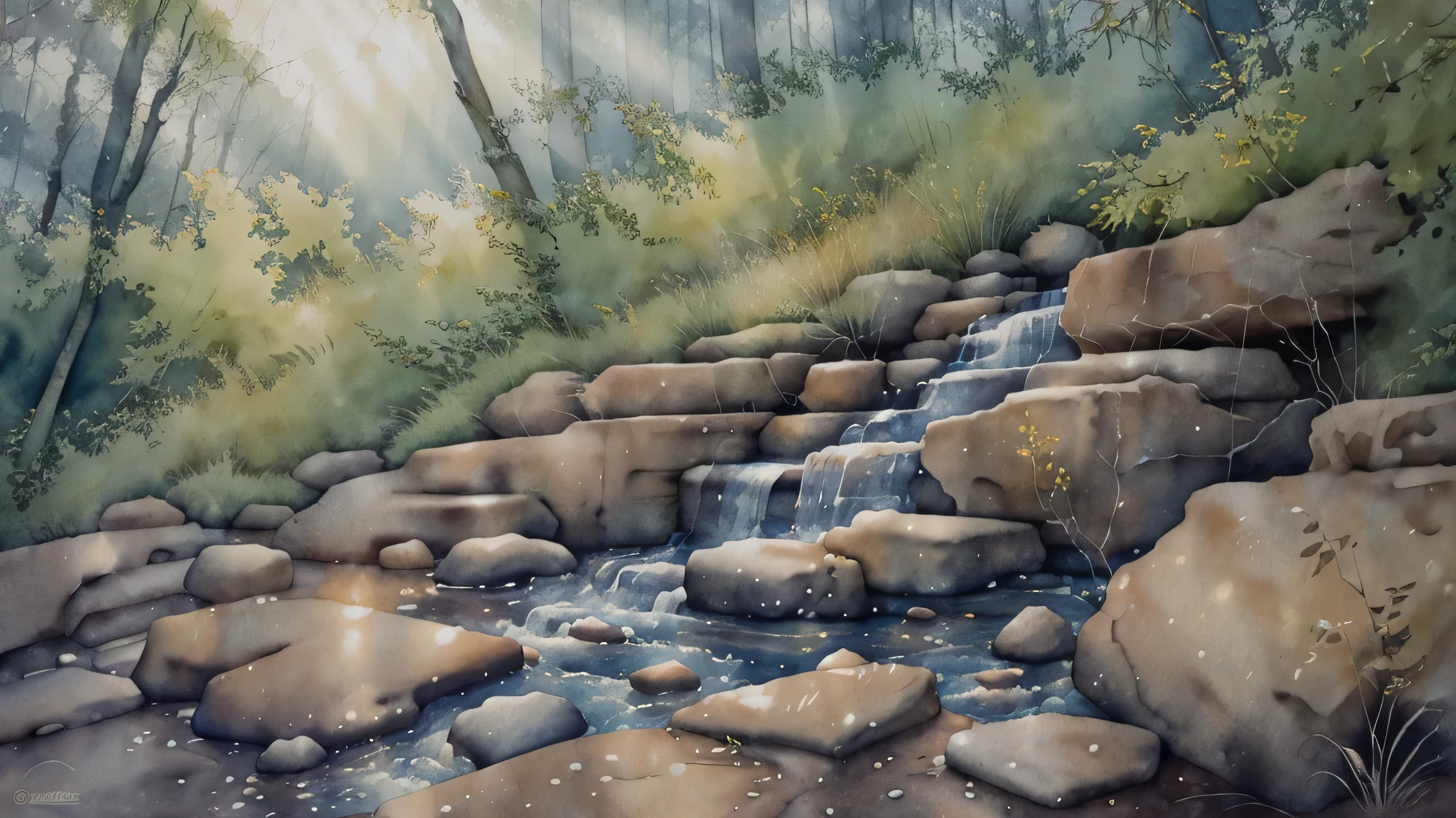A fox peeks out from a rocky hole, observing its surroundings cautiously, no_humans, animal_focus, animal, blue_eyes, fox, looking_at_viewer, modern art, painting, drawing, watercolor, psychedelic colors