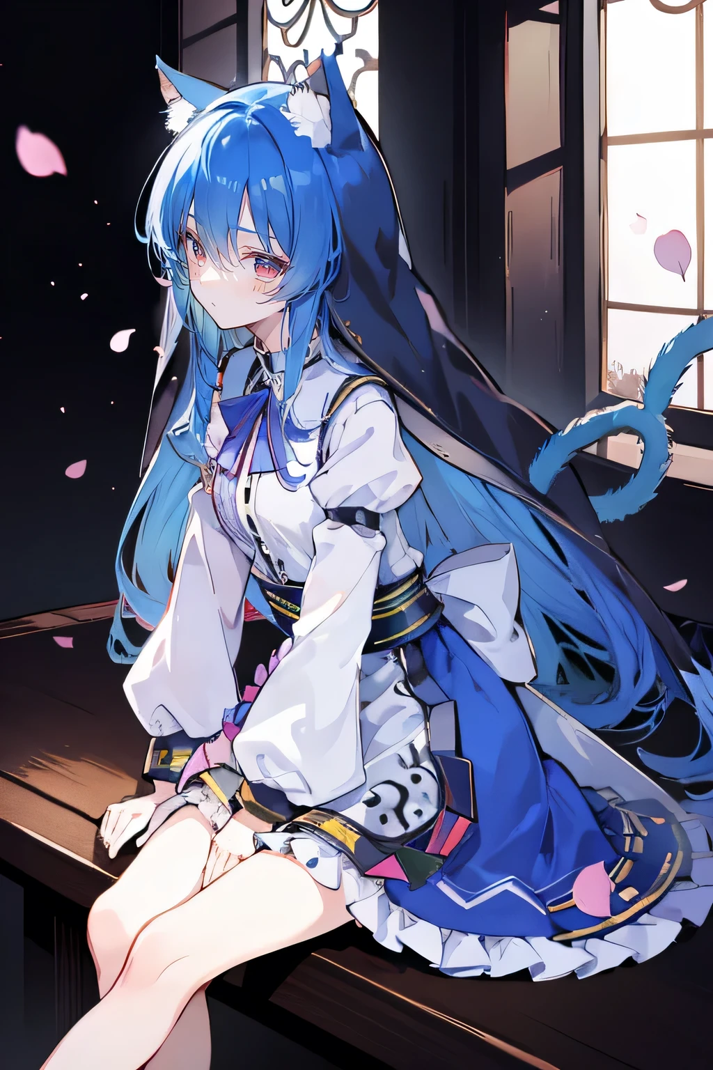 (masterpiece:1.2),Extremely detailed,Practical,expressive eyes,Fair skin,Perfect face shaping,1 Girl,
Japanese cartoons,Gorgeous blue hair, the long flowing blue hair,Floating clothes,Cat ears,Petals fall,beautiful lola,Young Angel,
Place your hands on your waist,sit elegantly on the ground,Cross your legs,Gentle and peaceful background,stately church,nun.