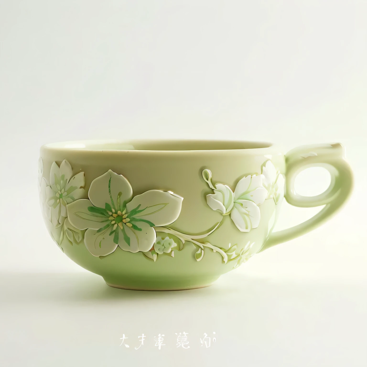 there yes a green cup with a flower design on it, with celadon glaze, cup, celadon glaze, yes ((Have a cup of tea)), coffee cup, glazed ceramic, green tea, Photographed for Ceramics Magazine, made of glazed, As, author：Kiyohara Tama, High-quality product photos, coffee, glaze, Very detailed product photos