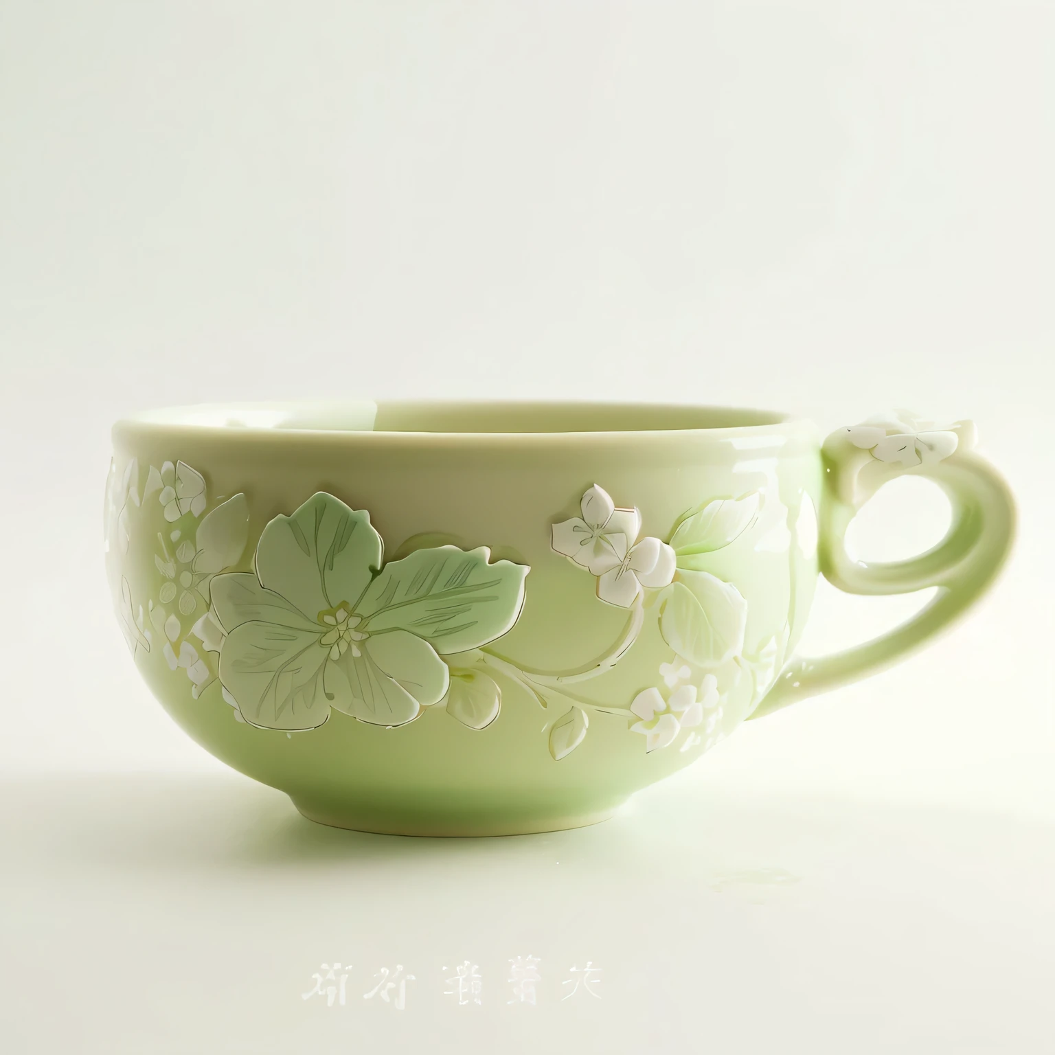there yes a green cup with a flower design on it, with celadon glaze, cup, celadon glaze, yes ((Have a cup of tea)), coffee cup, glazed ceramic, green tea, Photographed for Ceramics Magazine, made of glazed, As, author：Kiyohara Tama, High-quality product photos, coffee, glaze, Very detailed product photos
