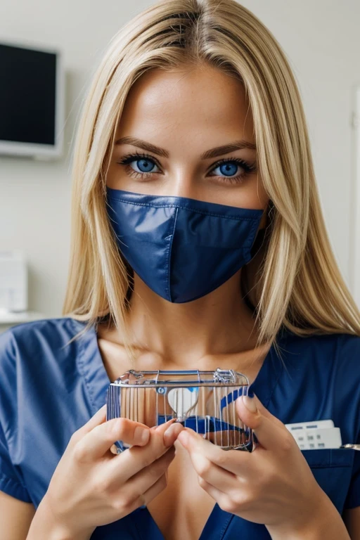 Very attractive blonde woman, doctor. Dark blue eyes, facing the camera. Smiling. In an expensive clinic. Holding a chastity cage in her hands.