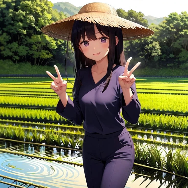 evening,Small seedlings in a watery rice field,Rice cultivation,Poor work clothes,Long sleeves and pants,Ai Fukuhara,Purple long hair,Large breasts,V sign,The best smile,Shining sweat,Vietnamese hat