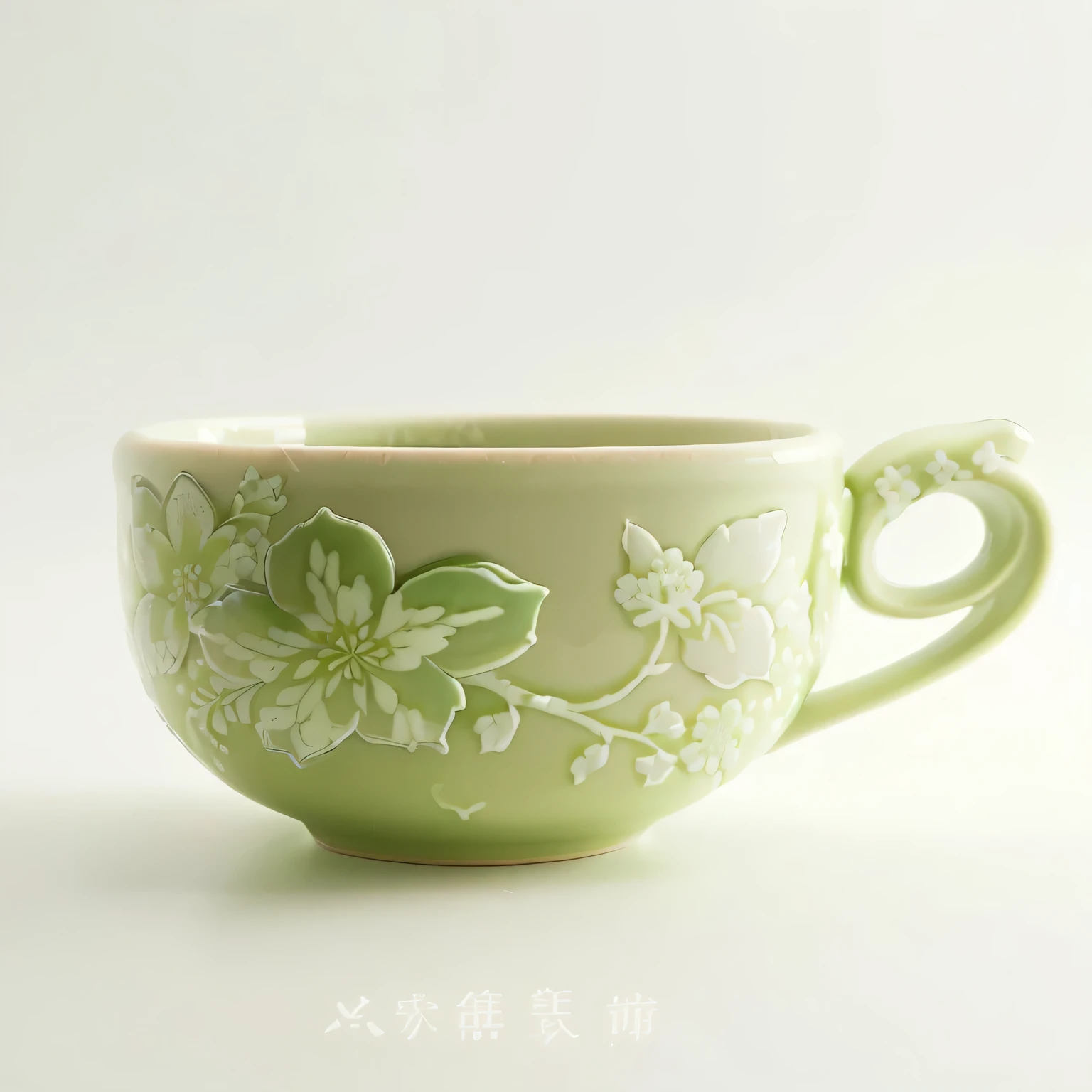 there yes a green cup with a flower design on it, with celadon glaze, cup, celadon glaze, yes ((Have a cup of tea)), coffee cup, glazed ceramic, green tea, Photographed for Ceramics Magazine, made of glazed, As, author:Kiyohara Tama, High-quality product photos, coffee, glaze, Very detailed product photos
