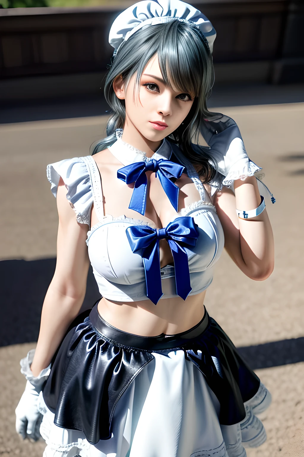 1girl, BREAK (white and black theme:1.4), (fusion of (sleeveless white high neck and collared [crop top]) and (black puff sleeves):1.4), (white tops and black short sleeves:1.2), (wearing a white half apron over a black skirt:1.4), (waist cincher:1.3), (white half apron), ((white maid head-band with ruffles on head, white brim on head):1.3), (white thigh high stockings:1.4), ((white arm warmers, white long glove):1.3), BREAK (light-blue theme:1.2), (light-blue lines on skirt:1.3), (light-blue ribbon bow:1.3),  , appealing cleavage,( beautiful tattoo:1.2), overhead view, beautiful detailed eyes, beautiful detailed lips, extremely detailed eyes and face, long eyelashes, feminine charm, detailed texture, snug fit, fashionable, soft fabric, radiant skin, (best quality,4k,8k,highres,masterpiece:1.2), ultra-detailed, (realistic,photorealistic,photo-realistic:1.37), tamaki