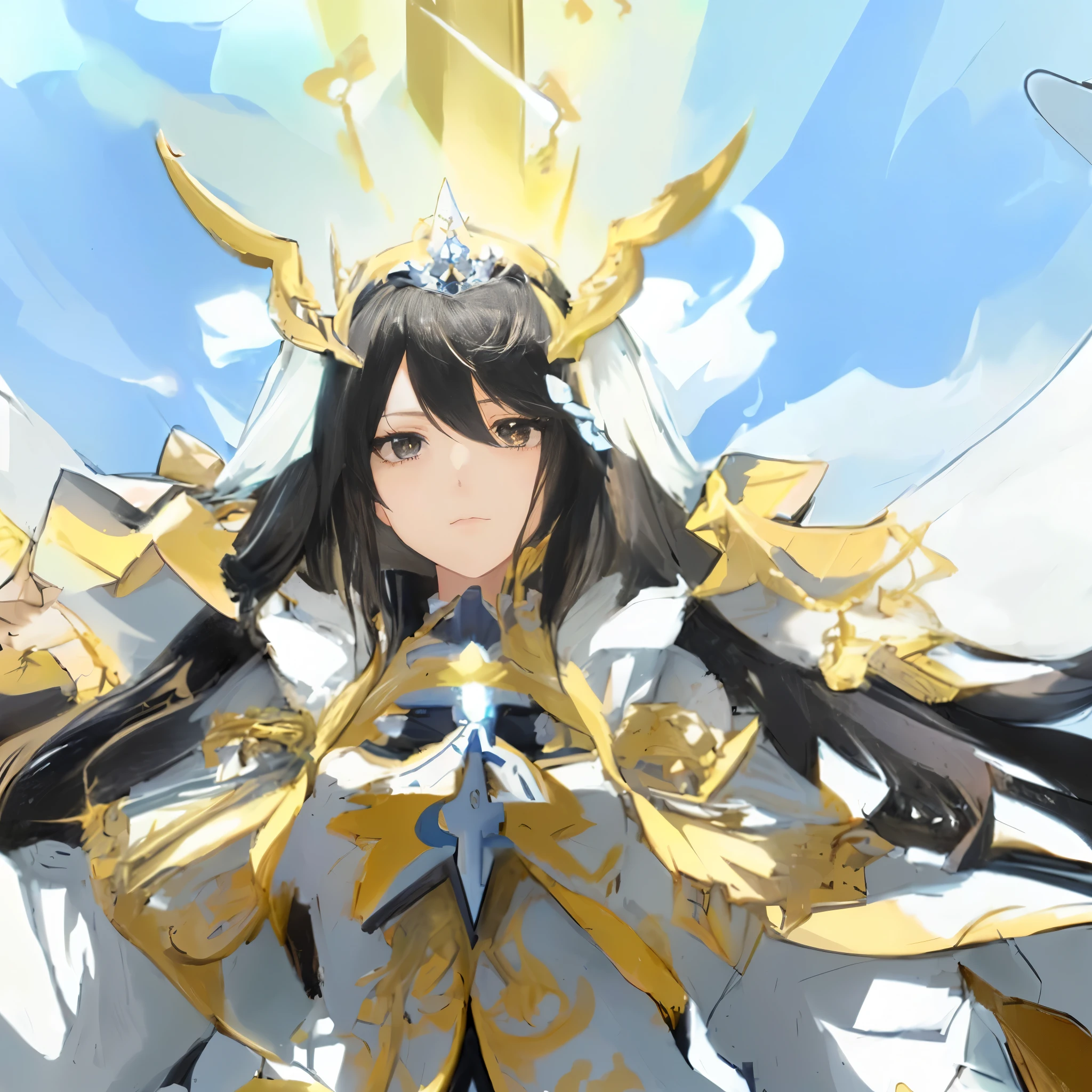 Anime character with wings and sword in the cloudy sky, She has four swords.,Black long hair,动漫goddess,White stockings,Wearing a crown,goddess,Detailed key animation art, frown,Serious,Black eyes,daytime Ethereal Anime, 动漫goddess, Ethereal Anime, Overlord's albedo, The majestic angel, HD anime art, high detailed Official Artwork, Beautiful fantasy anime, Anime Key Visual Concept Art, Official Art