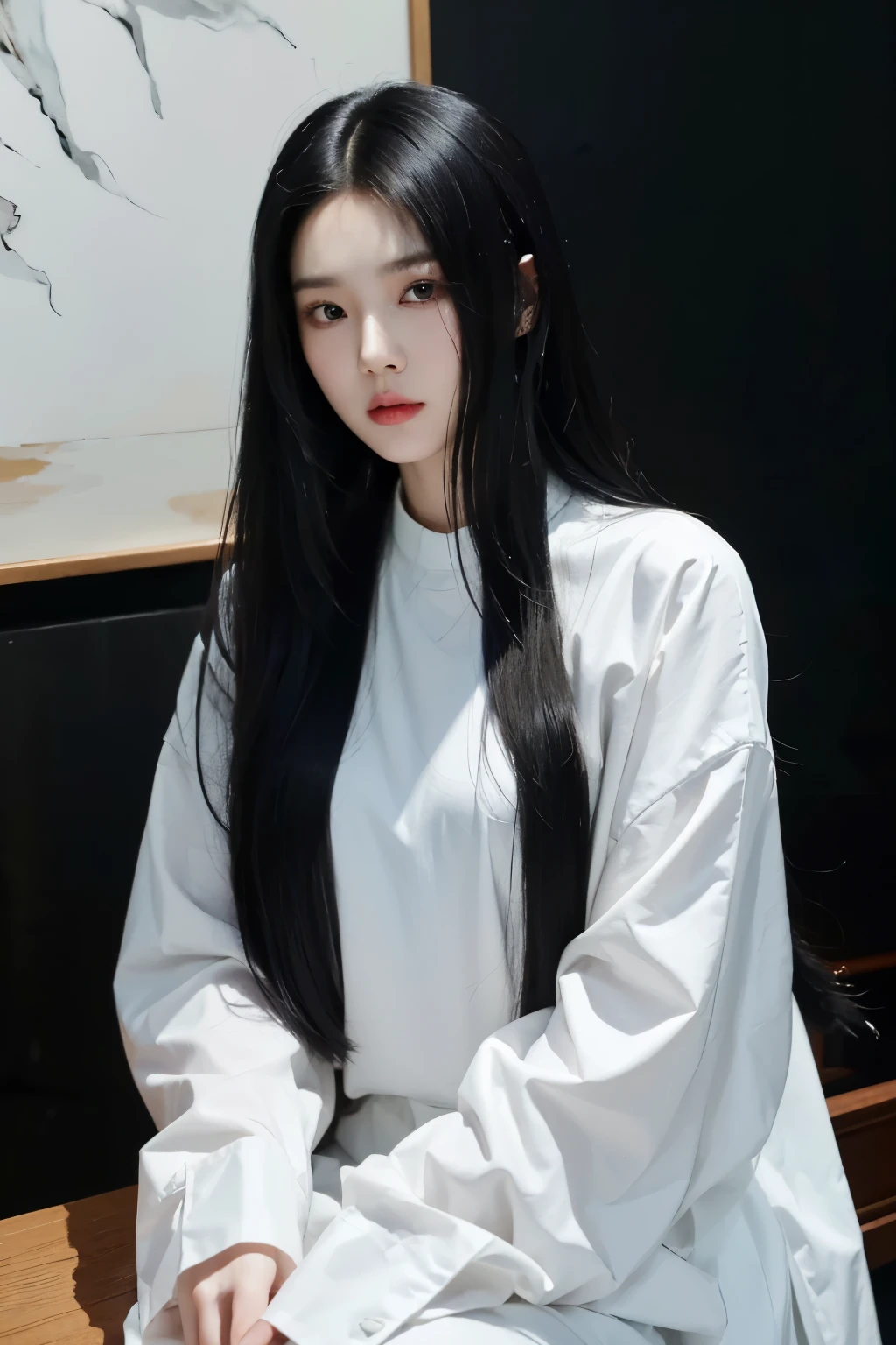 image of a woman with long black hair and a white shirt, painting by Wu Bin, Tumblr, neoism, Yoo Lee Ji-eun as a supervillain, sha xi, Minchen Shen, she looks like a mix of grime, ruan EUA beautiful!, Luji, Xintung Chen, Young Angel Wang, Lulu Chen, EUA