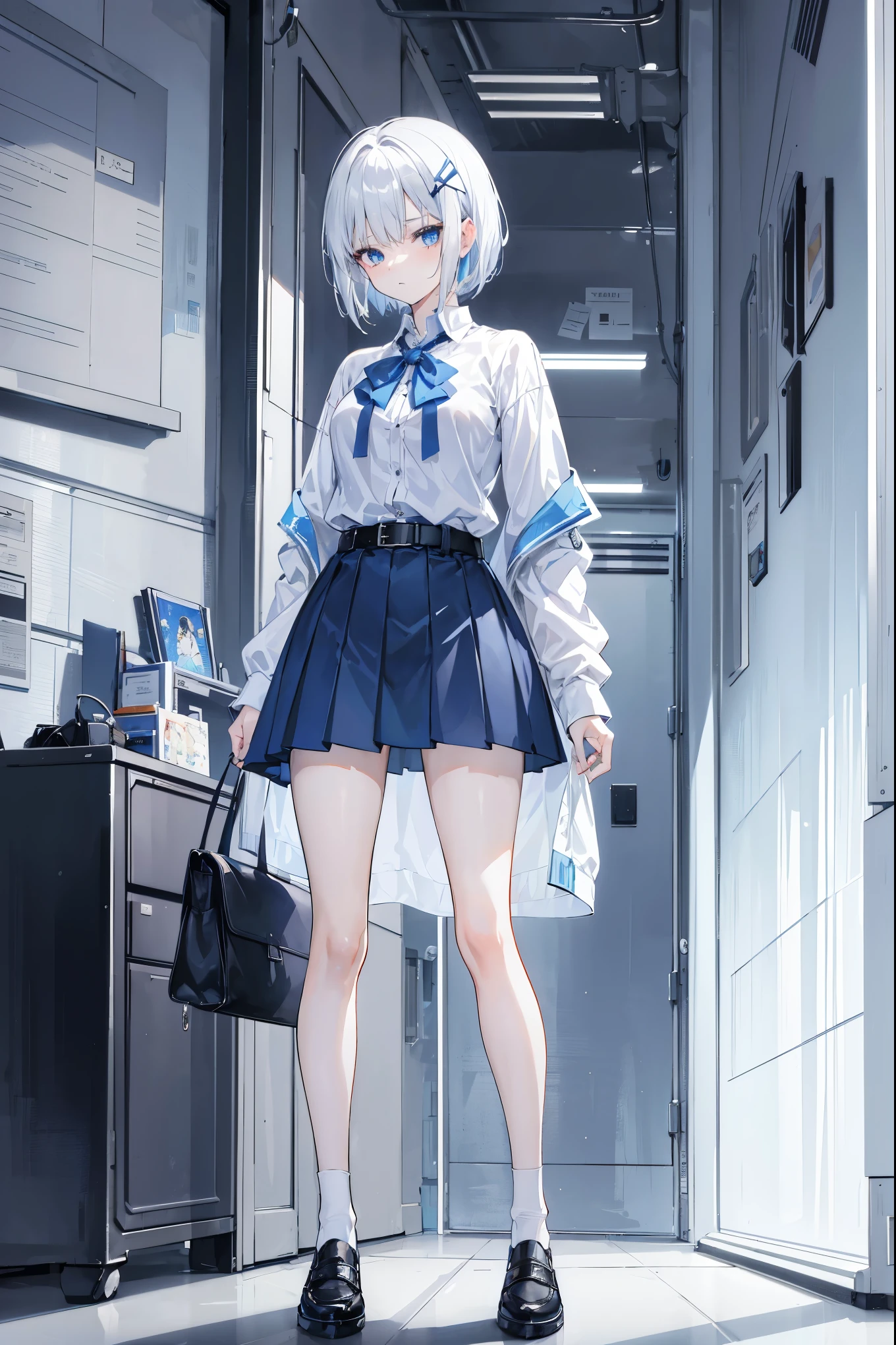 "anime girl, 1 person, silver white hair, dark blue eyes, short hair, small light blue hair clip on left bang,((women's shirt)), women's jacket, dark blue skirt, belt hong, white stockings, shoe leather, medium bust, sneering face, full body, solo, viewed from many different angles," (full HD 4K+ image)"