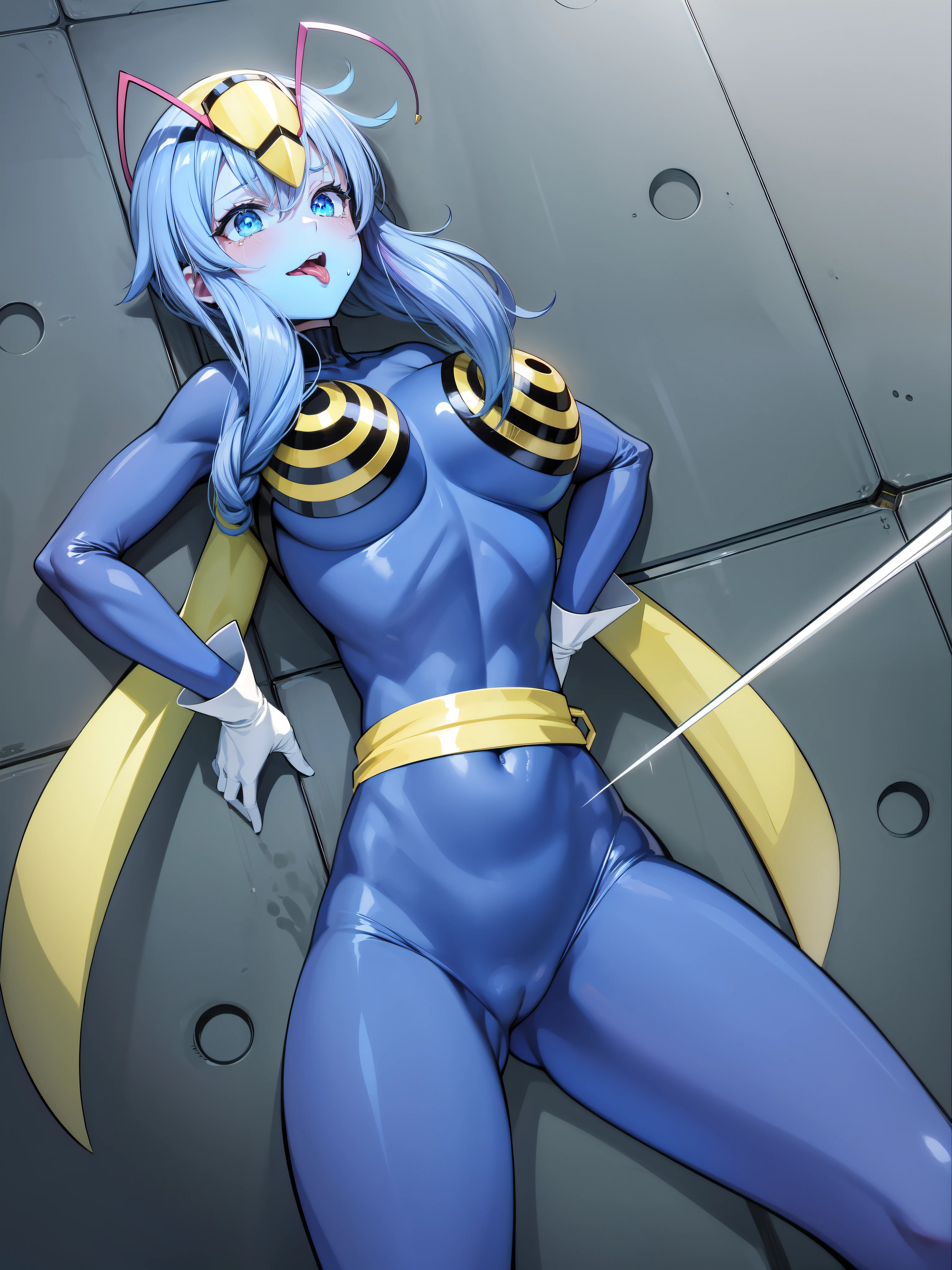 Close-up of a girl in a blue leotard、Black shiny latex suit, Saiyan Girl, wonderful, Nano Girl, Female body type, Inspired by Hiromu Arakawa, Anime Manga Robot!! Anime Girls, Fubuki, Full Body Suit, by Hiromu Arakawa, , wonderful, silk, Beautiful and attractive anime teen, Anime Girls of the future, tears,Drooling,Pee,Sweat,Tongue out,incontinence,Peeing,Mouth open and tongue out,Estrus,Eyes wide open,Estrus,Blushing,Nipples are erect,Face is hot,Lust、Mouth wide open and tongue sticking out、Red face print on upper face and chin、I'm incontinence and my crotch is wet