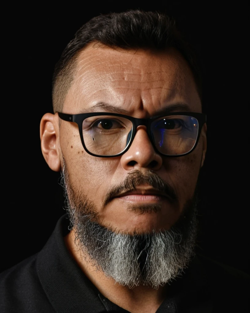 Close-up RAW photo of a man wearing glasses, (long beard:1.2), brown eyes, short hair cut military style, black polo shirt, studio chiaroscuro lighting, professional portrait, Sony Alpha Mirrorless Camera, (high detailed skin, full sharp:1.2).,gutto2024abr 