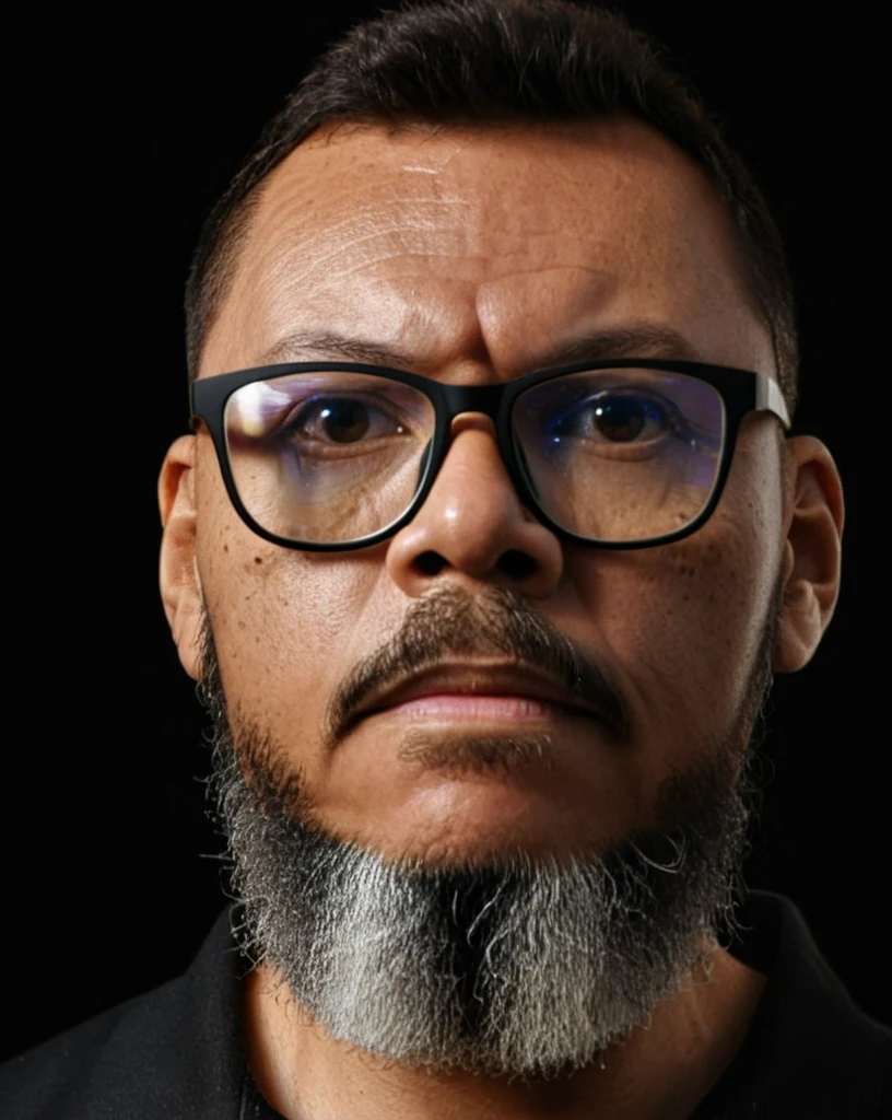 Close-up RAW photo of a man wearing glasses, (long beard:1.2), brown eyes, short hair cut military style, black polo shirt, studio chiaroscuro lighting, professional portrait, Sony Alpha Mirrorless Camera, (high detailed skin, full sharp:1.2).,gutto2024abr
