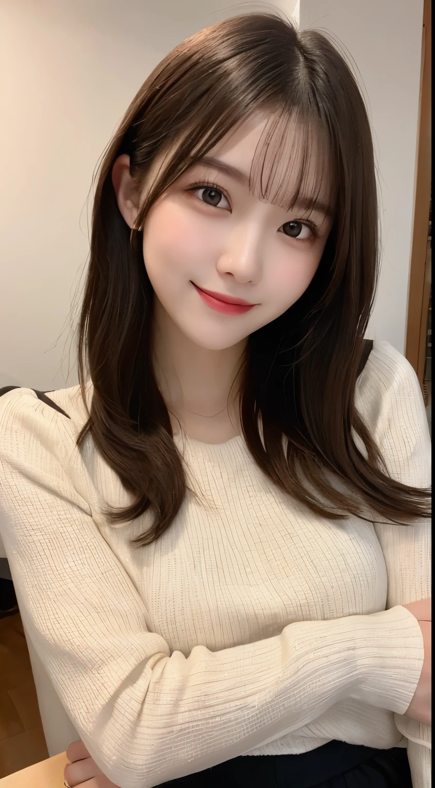 Tabletop, highest quality, shape, Very detailed, finely, High resolution, 8k wallpaper, 完璧なダイナミックな構shape, Beautiful and detailed, Straight hair, Small breasts, Natural color lip, Random sexy poses,smile,20-year-old girl、Beautiful and dense face、Perfect and beautiful face,Big eyes、RAW Photos、Beautiful and detailed、Small face、Beautiful Duplex、Slim face and figure,Beautiful golden ratio face、Long sleeve blouse、Black shorts、smile
