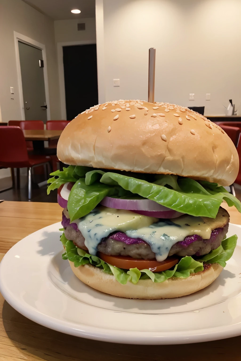 Crie uma imagem de um hamburguer bem suculento , that people look and feel like taking a bite , the burger must be in a beautiful cafeteria environment , the burger must be on a white plate, the focus has to be up close on the hamburger and the scene behind is out of focus, o hamburguer tem que ter bacon visivel , e um molho de gorgonzola escorrendo