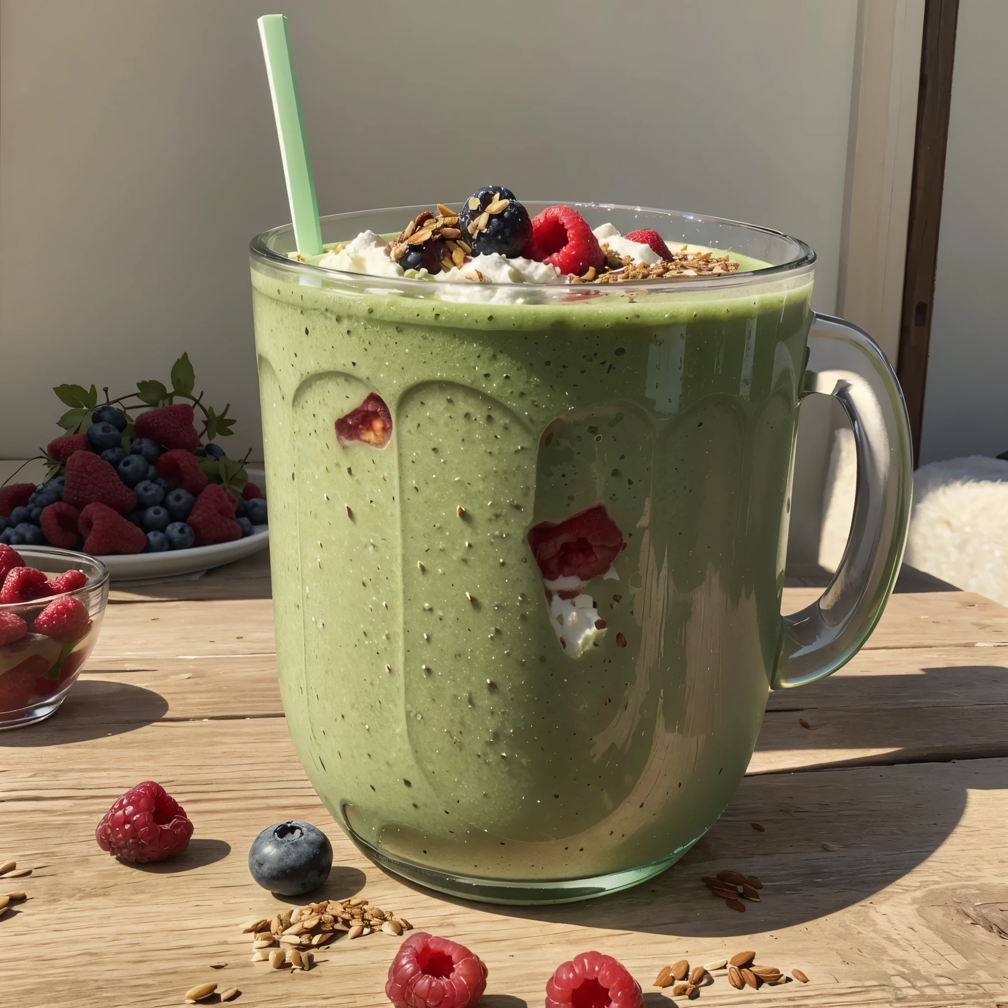 An artistic representation of a green power smoothie, showing a glass filled with a blend of 

    1 cup mixed berries (blueberries, raspberries, strawberries)
    1/2 cup plain Greek yogurt
    1/2 cup unsweetened almond milk
    1 tablespoon honey or maple syrup
    1 tablespoon flaxseeds
    Ice cubes (optional)

The focus should be on the vibrant green colors of the ingredients, with a refreshing and healthy vibe. Realistic style, high resolution, detailed textures, natural lighting.