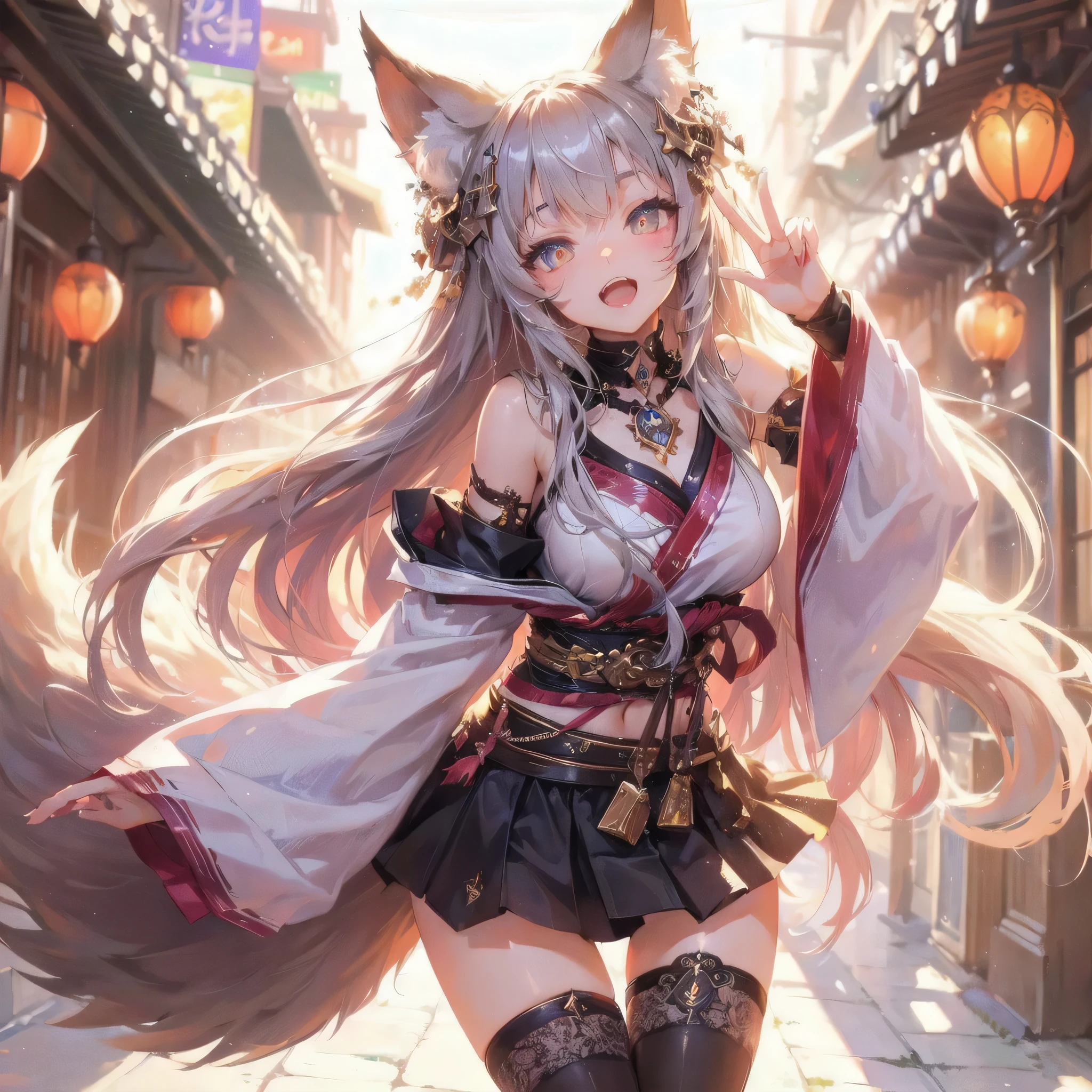 high quality,hd,16k,sharp line,1girl,fantasy,fem
ale wolf ears,wolf tail,beautiful hair ,cute face, large breasts ,nice legs,,focus girl,detailed beautiful face,detailed clothes,beautiful eyes,dynamic angle