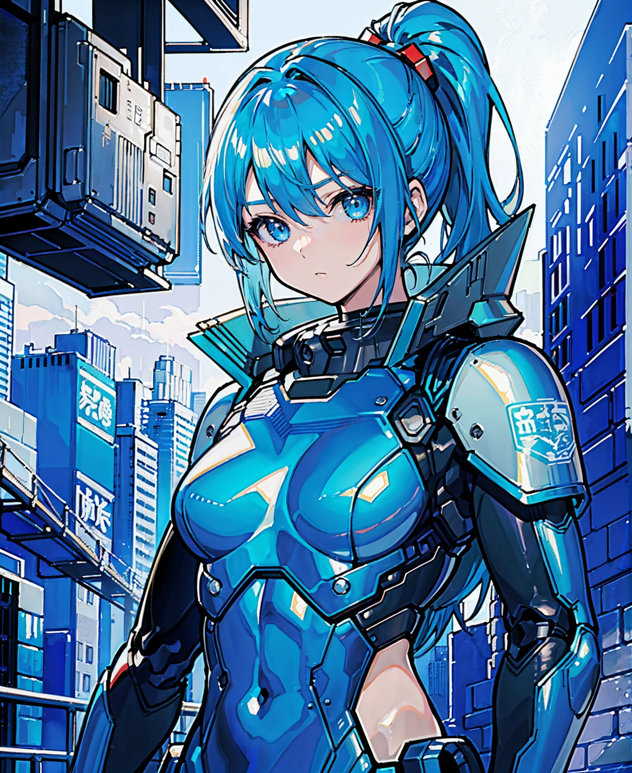 Blue Hair、Masterpiece、Best Quality、1 girl、Medium breast、((Album cover))、Light on Face、Slim Body、Blue Costume、Exoskeleton、metal Gear、Cyberpunk Style、ponytail、The Gundam pilot、attention arousal,Ride a fighter