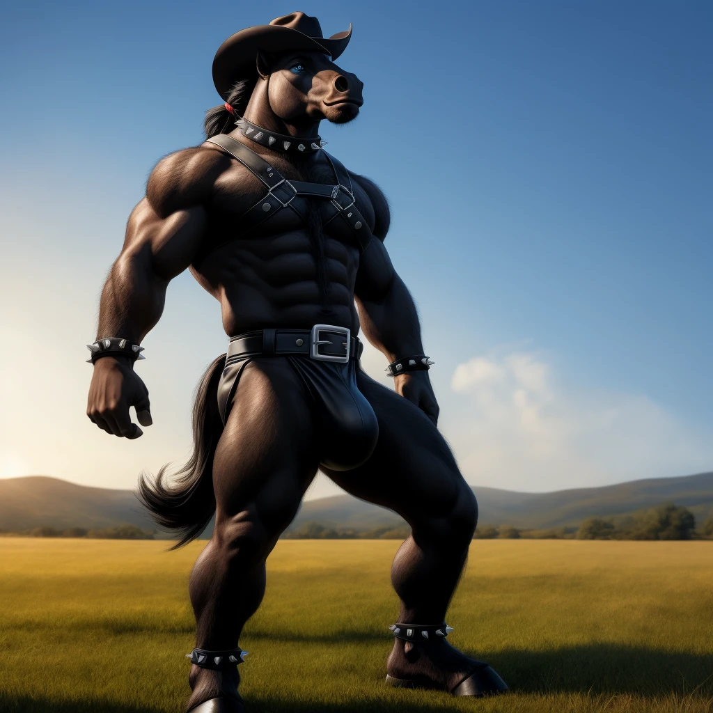 Furry, Antro, anthropomorphic, Solo, (furry Dark Black), Horse tail, Ponytail, (Male Bulge), Big Balls, Wearing a Black Leather Harness, Black bicep leather bracelet, Leather Buckle Armband, Black dark Leather Slip, Leather Slip, Black Belt, Spiked Collar, Spiked Wristbands, (Leather Bicep Arm Strap), Cowboy Hat, Spiked Anklet, Hooves, Hairy, Full Body, Braided Mane, Hairy Torso, Seen Standing, Upright Standing Pose, Blue Pupil Eyes, High Resolution, 4K Detailed, Good Lighting, Beautiful, Blue Sky Background with Green Grass Meadow, black hair