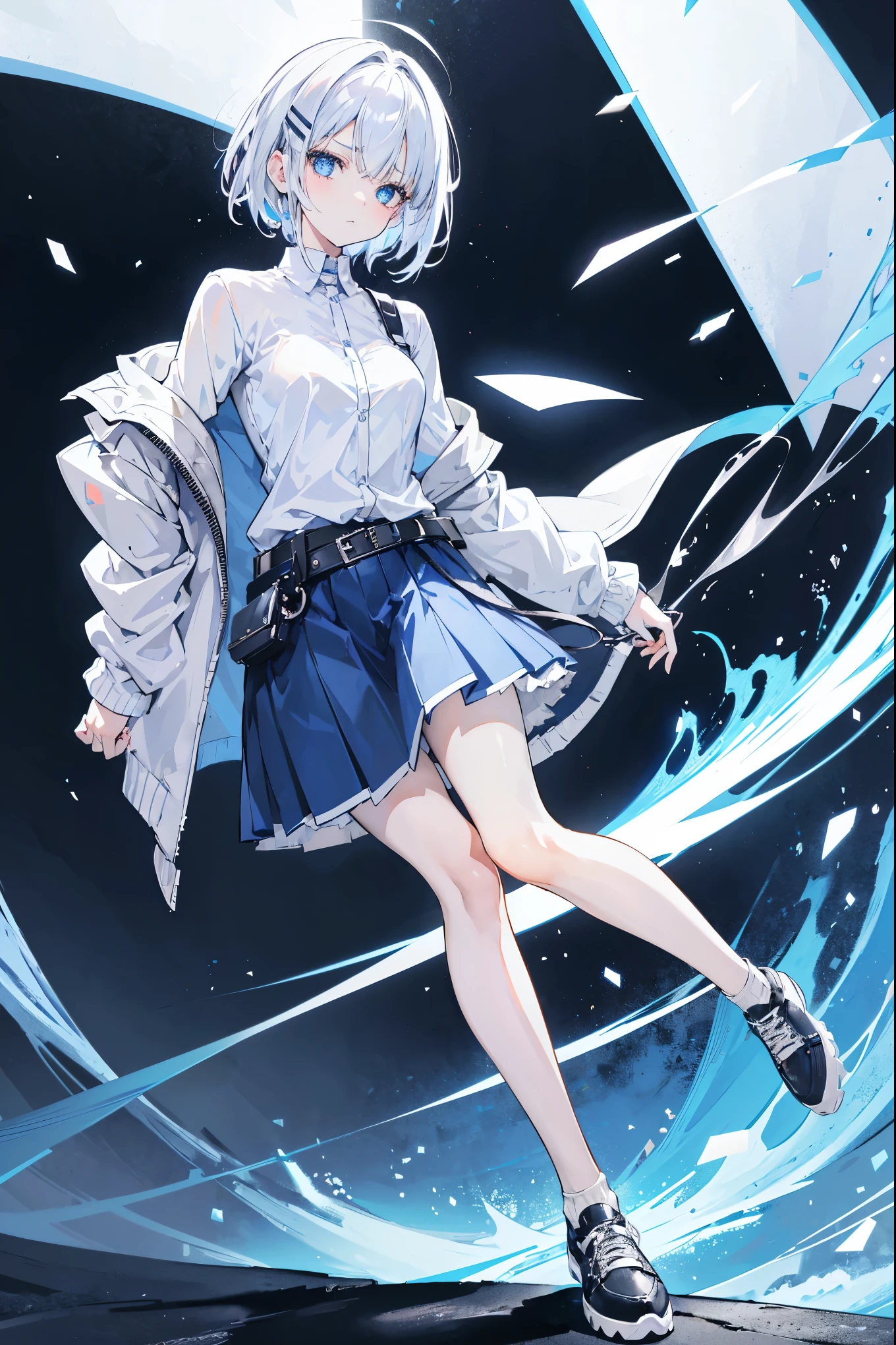 "anime girl, 1 person, silver white hair, dark blue eyes, short hair, small light blue hair clip on left bang,((women's shirt)), women's jacket, dark blue skirt, belt hong, white stockings, shoe leather, medium bust, sneering face, full body, solo, viewed from many different angles," (full HD 4K+ image)"