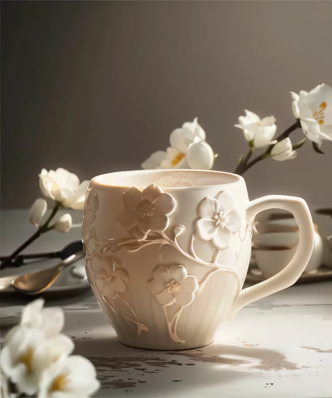 There is a white cup on the table，Flowers on top, White mug, Light milky white porcelain skin, glazed ceramic, High-quality product photography, Coffee cup, cup, Nice design, Complex details, bright white porcelain, Beautiful and generous, porcelain organic, High-quality rendering, Made of glaze, Exquisite and smooth details, Warm, handmade pottery