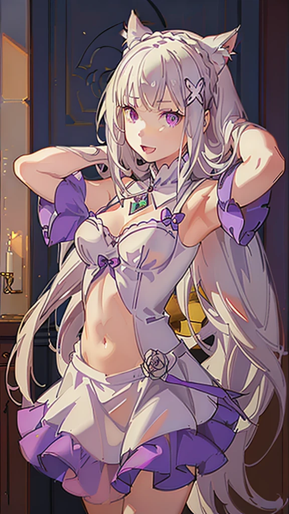 Emilia re:zero, purple eyes, Emilia, crown braid, x hair ornament, flower hair ornament, white hair, long hair, medium breasts, young girl, Long white hair, cat ears, violet eyes, red translucent blouse, Upskirt, Sleeveless, open belly, Smile, open mouth, Masterpiece, hiquality, 4k, HD, Good detail