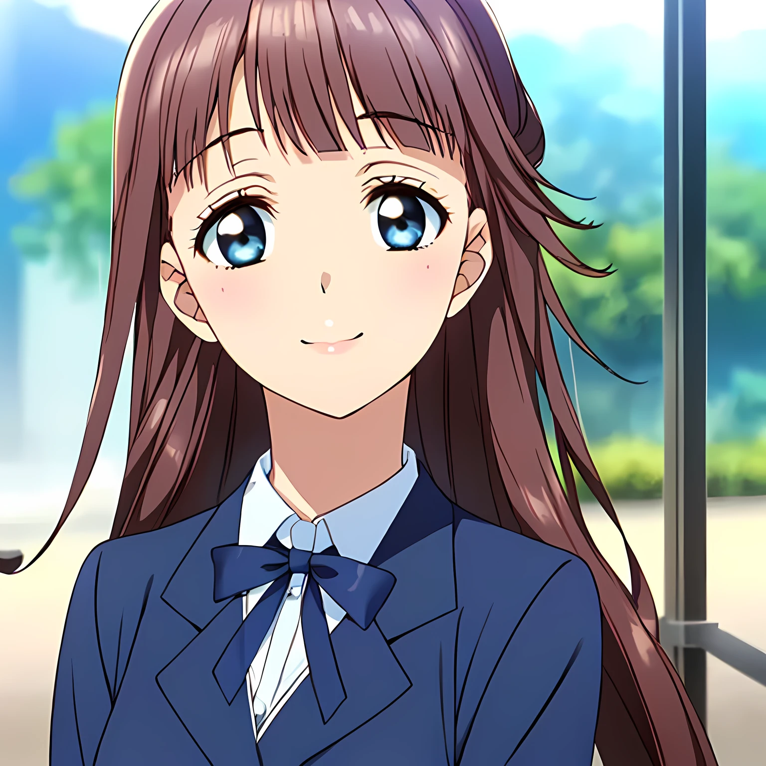 highest quality, (masterpiece:1.2), Very detailed, (((Game CG))), ((((Like the aristocratic lady depicted by Renoir1Portrait of a beautiful girl sitting)))), ((The girl everyone loves)), ((((Very beautiful, wavy, long flaxen hair)))), ((((Navy blue blazer)))), (((Dark navy blue checked skirt))), ((((Very beautiful and shining eyes)))), ((Very long eyelashes)), A big white ribbon on the chest, ((An elegant expression like a noble princess)), (((Beautiful and great smile))), Small face and great posture, ((Give the viewer a heavenly feeling of happiness)), (((Blur the background))), ((A very compassionate face)), ((Slender and shapely breasts)), (((Looking to the side and into the distance)))