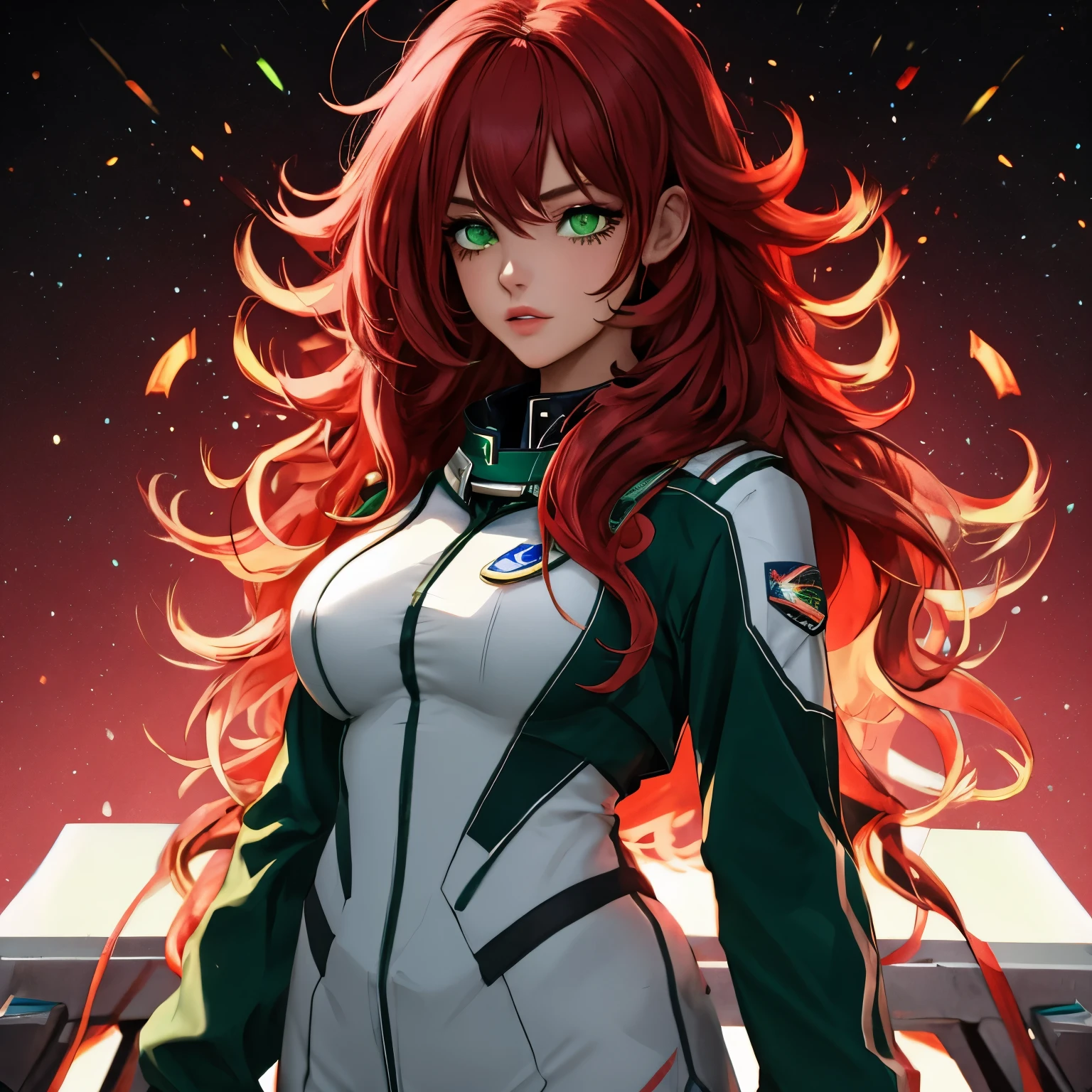 1woman, very big breast,25 years old,Long red hair, messy hair, green eyes, astronaut uniform, white uniform,half body photo, ultra detail, ultra HD