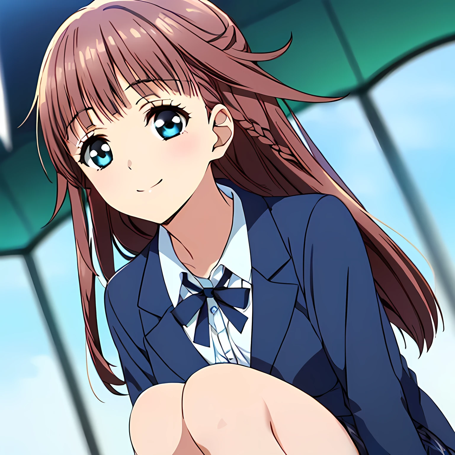 highest quality, (masterpiece:1.2), Very detailed, (((Game CG))), ((((Like the aristocratic lady depicted by Renoir１Portrait of a beautiful girl sitting)))), ((The girl everyone loves)), ((((Very beautiful, wavy, long flaxen hair)))), ((((Navy blue blazer)))), (((Dark navy blue checked skirt))), ((((Very beautiful and shining eyes)))), ((Very long eyelashes)), A big white ribbon on the chest, ((An elegant expression like a noble princess)), (((Beautiful and great smile))), Small face and great posture, ((Give the viewer a heavenly feeling of happiness)), (((Blur the background))), ((A very compassionate face)), ((Slender and shapely breasts)), (((Looking to the side and into the distance)))