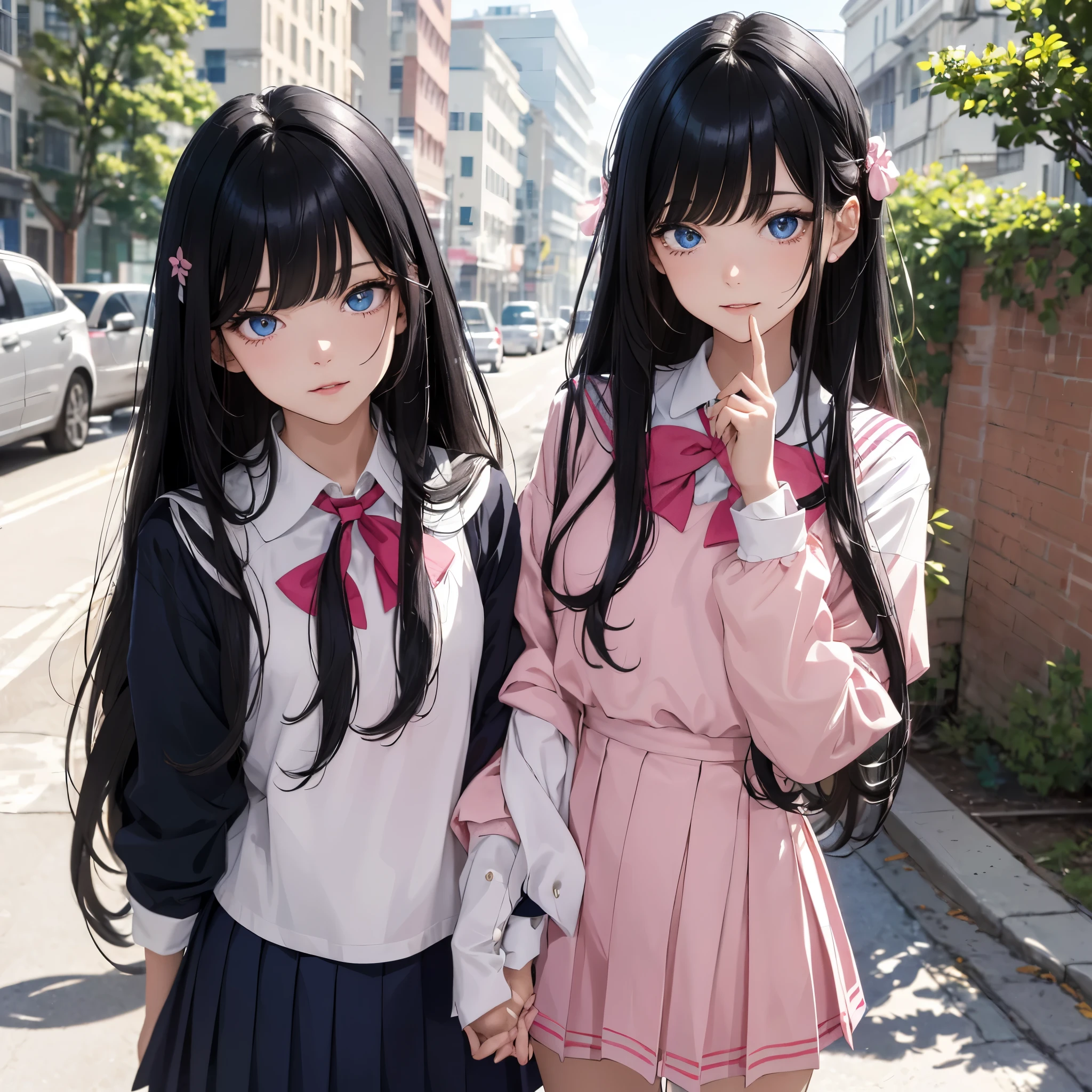 absurderes, ultra-detailliert,bright colour,(in 8K:1.3),masuter piece,extremely beautiful detailed face and eyes, 25 years old,(Smooth straight black hair:1.3), (Shiny long hair:1.2),(Pattsun bangs:1.2) Delicate beautiful face, red blush、(Deep blue eyes:1 pink and white school cute uniform :1.3), Natural Nice Spot, Detailed face, infront of the pink aesthetic school, standing, wearing pink blow clips.