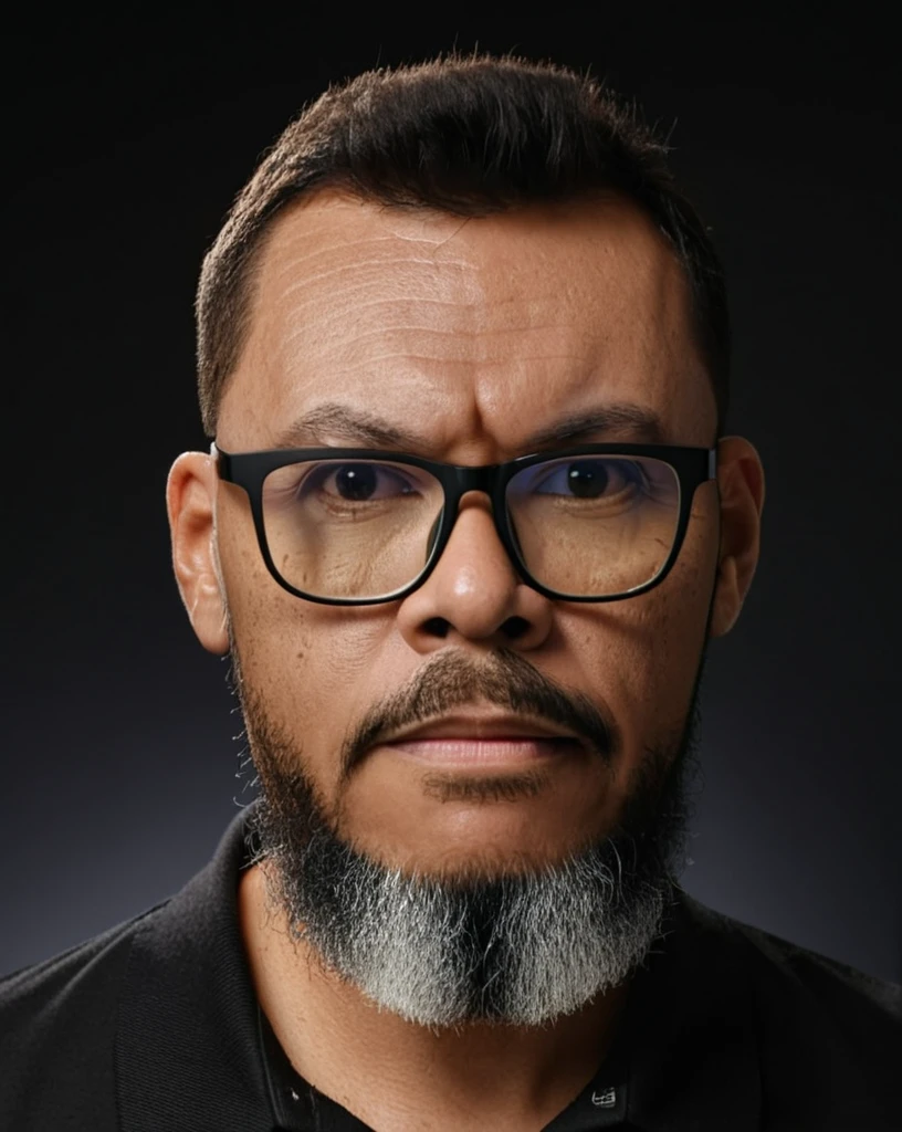 Close-up upper body RAW photo of a man wearing glasses, (long beard:1.2), brown eyes, short hair cut military style, black polo shirt, studio chiaroscuro lighting, professional portrait, Sony Alpha Mirrorless Camera, (high detailed skin, full sharp:1.2).,gutto2024abr 