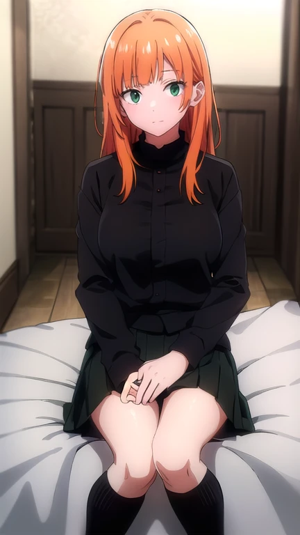 best quality,4k,8k,highres,masterpiece:1.2),umasterpiece,high quality,solo, orange hair, green eyes, black skirt, white blouse, red bow, dark green gakuran, lighter green embroidered collar, long black socks.