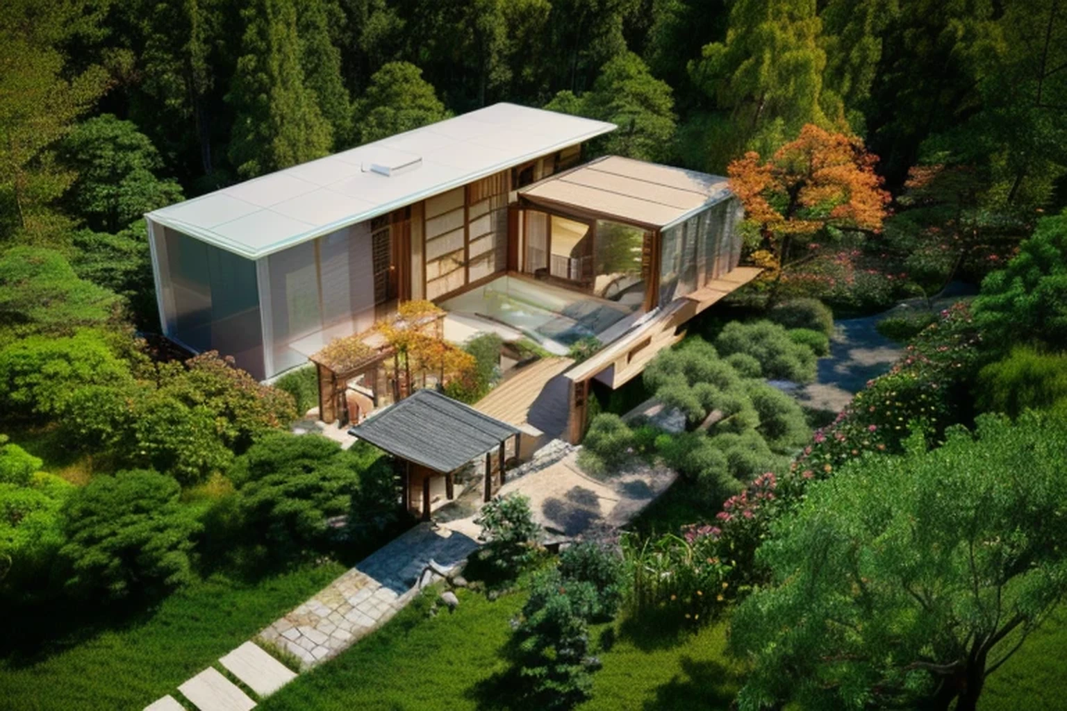 Modern house in the forest renderings,Chinese Garden,Rich landscape,One-story house,Glass,Modern, Concept House, Spell Rendering, detailed renderings, Rendering, Award-winning digital rendering, ArchitectureRenderinging, High-quality Rendering, Brightness Rendering, luxcore Rendering, Fully detailed rendering, Modern house in the woods, Brightness Renderinging, outdoor filming, Panorama, ArchitectureRendering