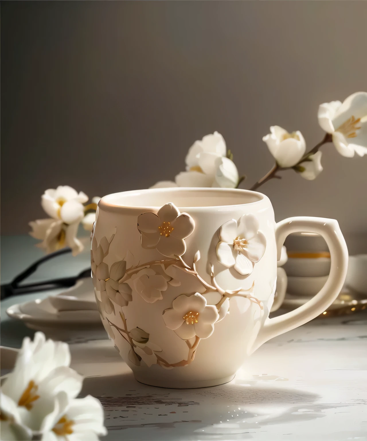There is a white cup on the table,Flowers on top, White mug, Light milky white porcelain skin, glazed ceramic, High-quality product photography, Coffee cup, cup, Nice design, Complex details, bright white porcelain, Beautiful and generous, porcelain organic, High-quality rendering, Made of glaze, Exquisite and smooth details, Warm, handmade pottery