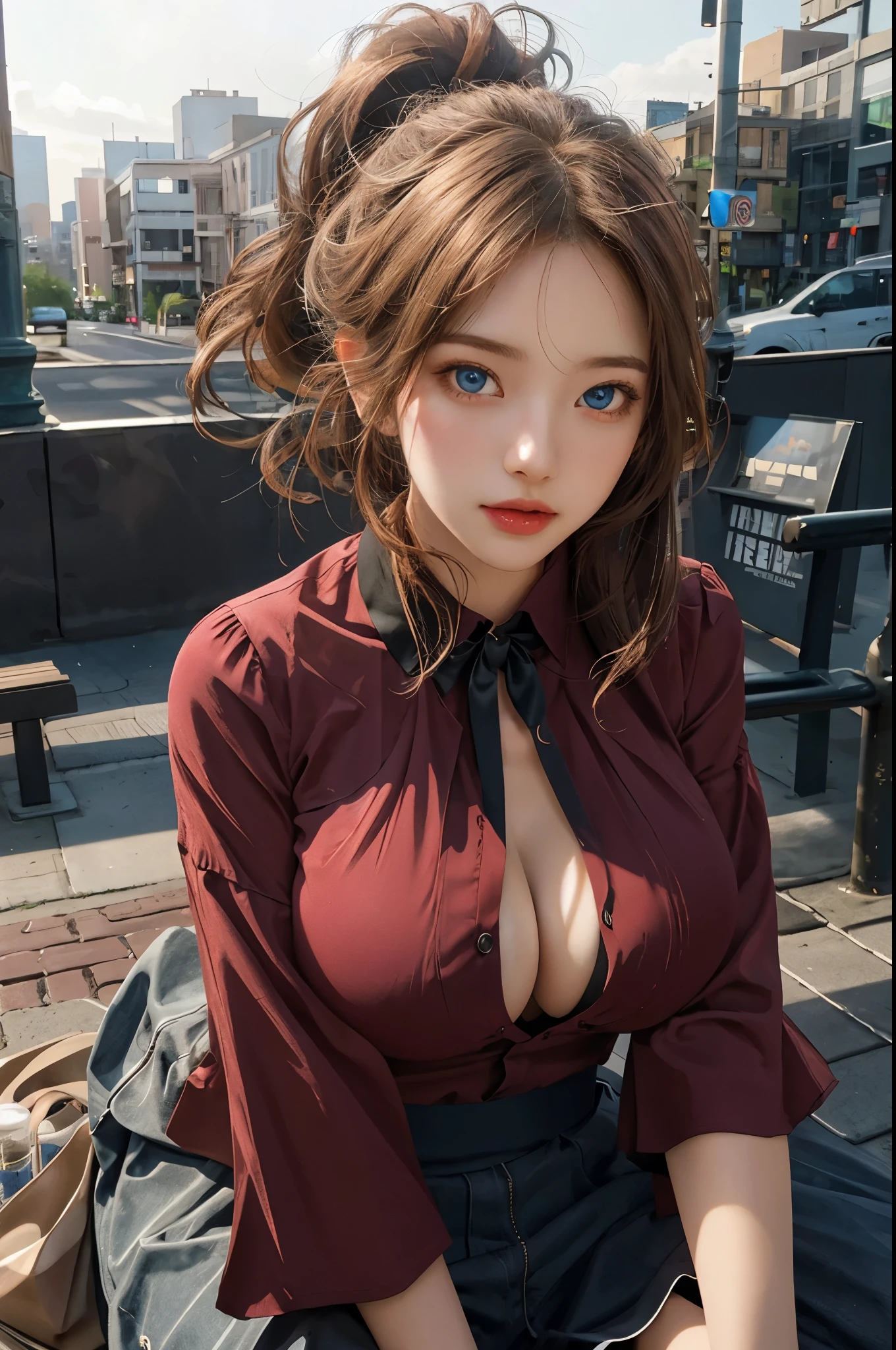 masterpiece, high resolution, 1 girl, beautiful girl with blue eyes sitting on a bench in front of a city, , seductive beautiful girl, beautiful alluring reallistic woman, photorealistic girl render, hyper realistic style, cinematic bust shot, photorealistic style, attractive beautiful girl, beautiful reallistic girl, best quality realistic, hyperrealistic quality, beautiful reallistic woman, a hyperrealistic, big breast, large breast,