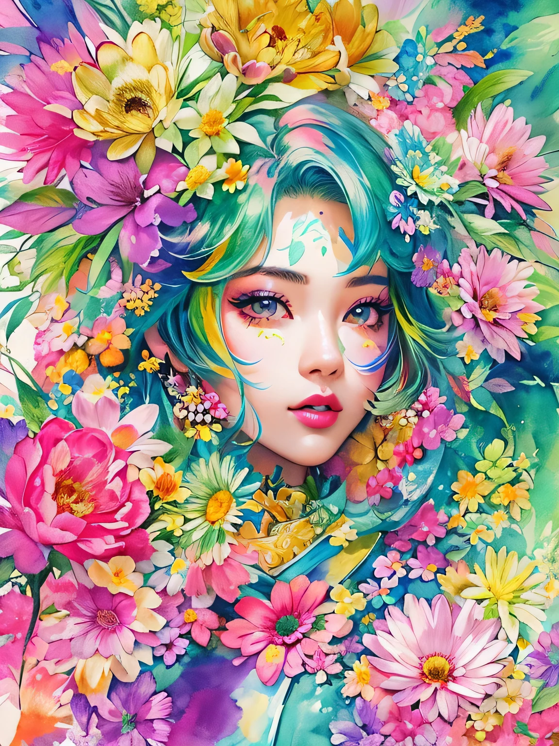 Chun Lo Style、(((stylish fashion))), 8K Quality、Intense watercolor, Detailed watercolor art, Watercolor splash, Surreal, avant-garde pop art, Beautiful and expressive paintings, Beautiful artwork illustration, Very colorful tones, wonderful, Cool beauty, highest quality、Official Art, Vector art, Stylish design, (((The most beautiful girl))), (((highest quality))), HDR, ((detailed)), (((Doodle Art)), ((masterpiece)), ((Super detailed)), (((Colorful flowers))),(((Stylish))),