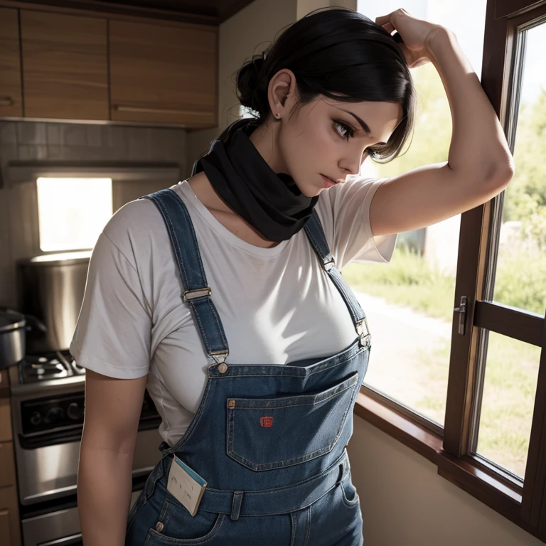 (eyes realistic sizing, realistic skin, round face), ((straddling to rub dark pubic hair against the the vacuum cleaner for masturbation)), t-shirt, thin apron, living room,