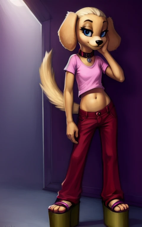 8k.4k,((Best quality, masterpiece, ultra high resolution)),((full body)),standing, by pixelsketcher, brandi harrington, furry, furry female, shirt, tail, pants, dog girl, animal ears, blue eyes, dog tail, dog ears, standing, purple sandals,flat chest,red pants,blonde hair, midriff,platform footwear,animal nose,pink shirt,collar,navel
