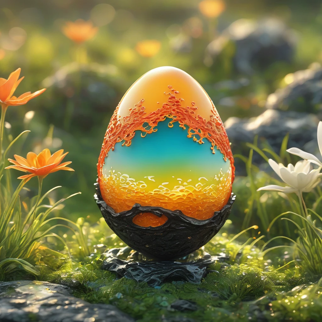 best quality, very good, 16K, ridiculous, Extremely detailed, Lovely(((egg:1.3)))，Made of translucent boiling lava, Background grassland（（A masterpiece full of fantasy elements）））， （（best quality））， （（Intricate details））（8k）