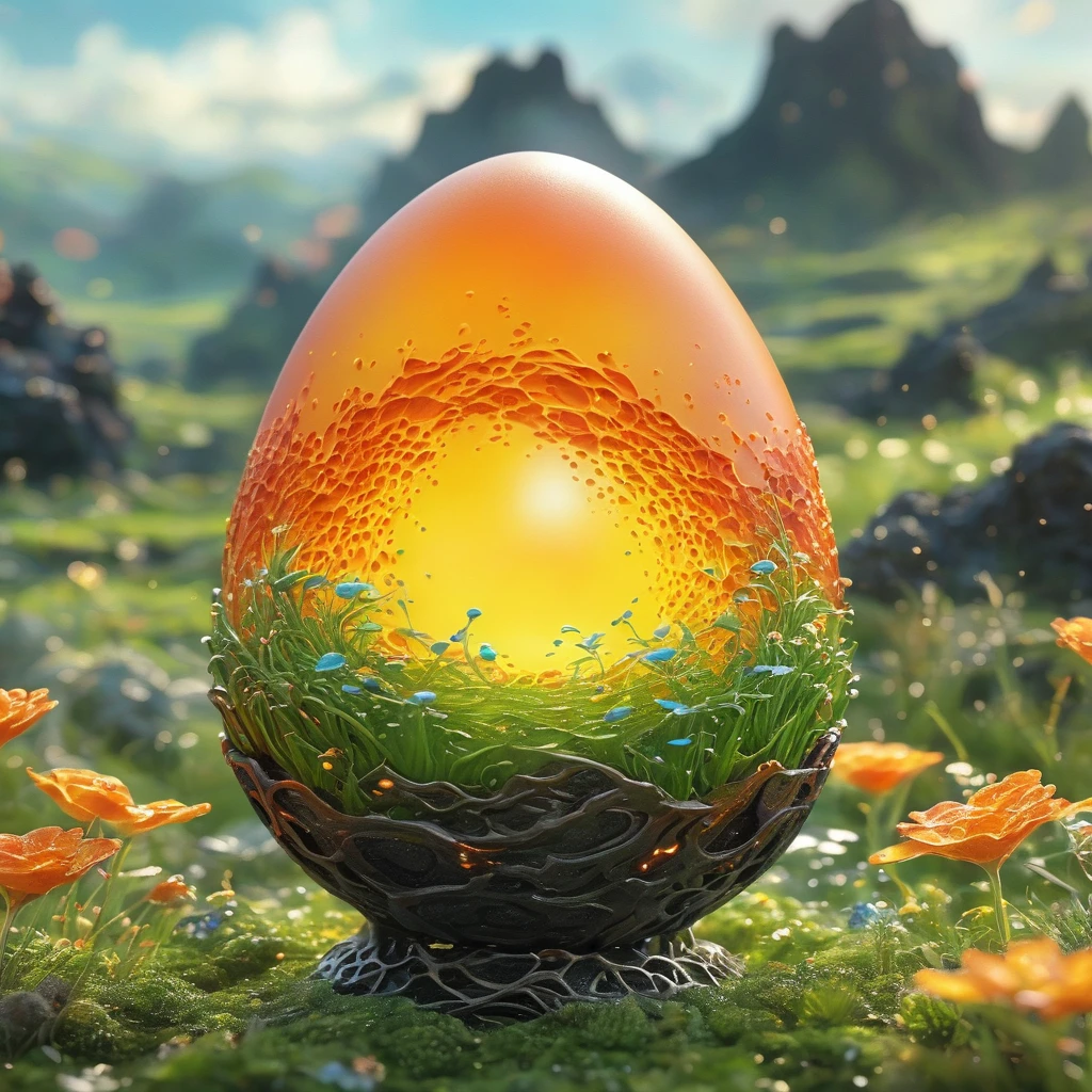 best quality, very good, 16K, ridiculous, Extremely detailed, Lovely(((egg:1.3))),Made of translucent boiling lava, Background grassland((A masterpiece full of fantasy elements))), ((best quality)), ((Intricate details))(8k)