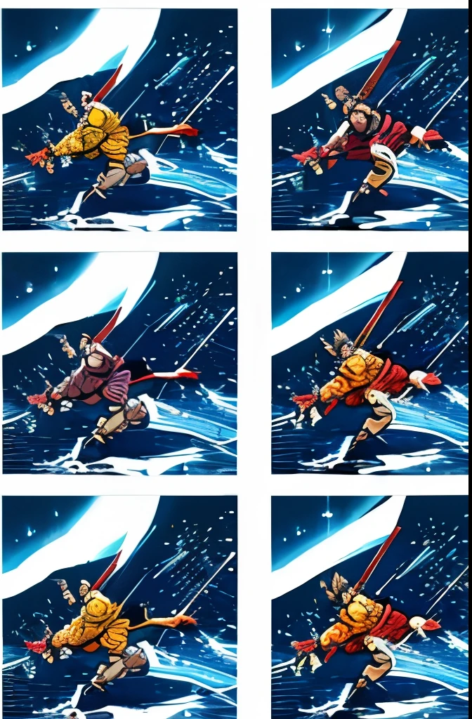 Illustrated cartoon Dragon Ball Goku and Dar manga series in vibrant and creative irregular slanted manga grid. Each grid contains an independent storyline, Start from the upper left corner,End at the lower right corner. Grids sometimes overlap or are placed diagonally to add visual tension. in some key plots, The character will jump out of the screen,Enhance the dynamics of the story. For example, The protagonist may jump from one grid to another while escaping, or in a battle scene, Actions may extend beyond the bounds of the grid. The background and situation of each grid gradually changes according to the development of the story., From city chase to secret base infiltration, and eventually move towards. Distinctive overall style, Bright colors,Rich expressions and movements. Leave conversation blank,Fill it out later,Let the audience imagine what the conversation would be like.