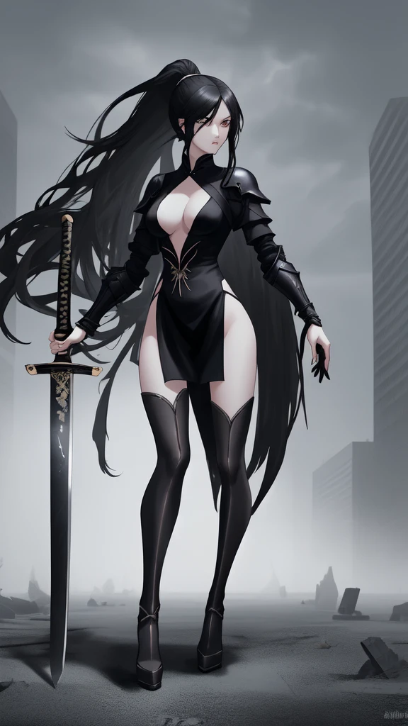 Black long straight hair ponytail female chest cleavage tights white full body armor high heels katana sword apocalyptic ruined city
