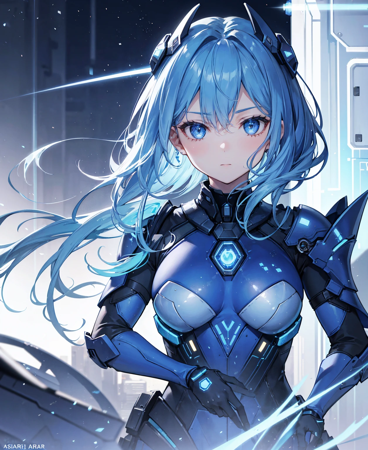 8k, highest quality, (real:1.4), Original photo, 1 girl, Asari Hair, Biological Amplifier, refined armor, posture: Peace talks between warring factions, smart blue eyes
