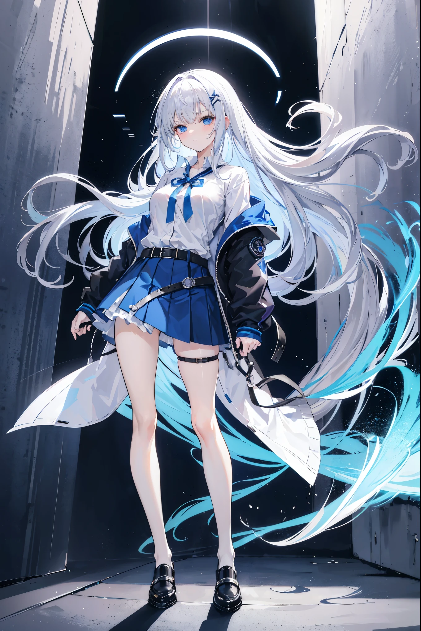 "anime girl, 1 person, silver white hair, dark blue eyes, long hair, small light blue hair clip on left bang,((women's shirt)), women's jacket, dark blue skirt, belt hong, white stockings, shoe leather, medium bust, sneering face, full body, solo, viewed from many different angles," (full HD 4K+ image)"