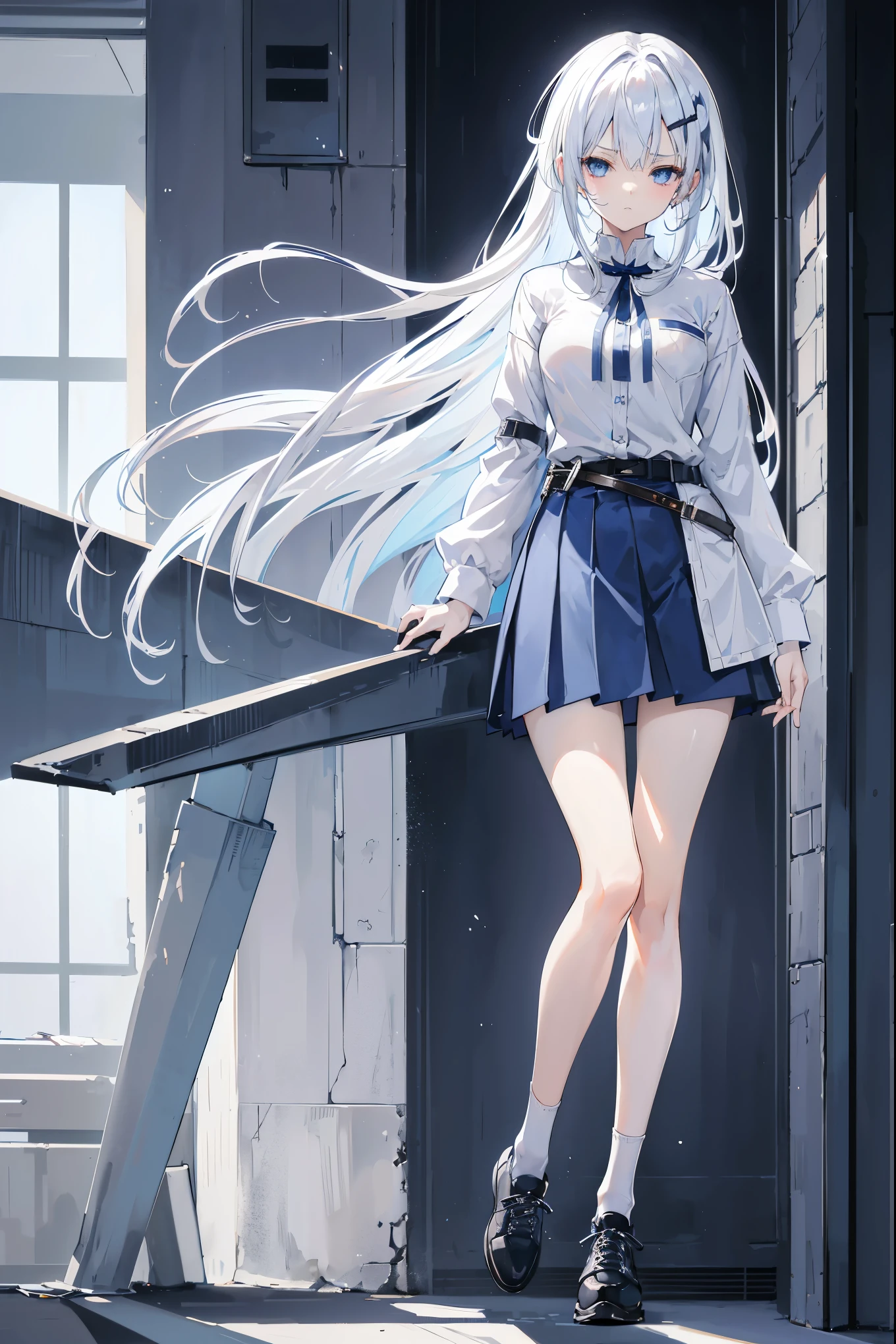 "anime girl, 1 person, silver white hair, dark blue eyes, long hair, small light blue hair clip on left bang,((women's shirt)), women's jacket, dark blue skirt, belt  hong, white stockings, shoe leather, medium bust, sneering face, full body, solo, viewed from many different angles," (full HD 4K+ image)"