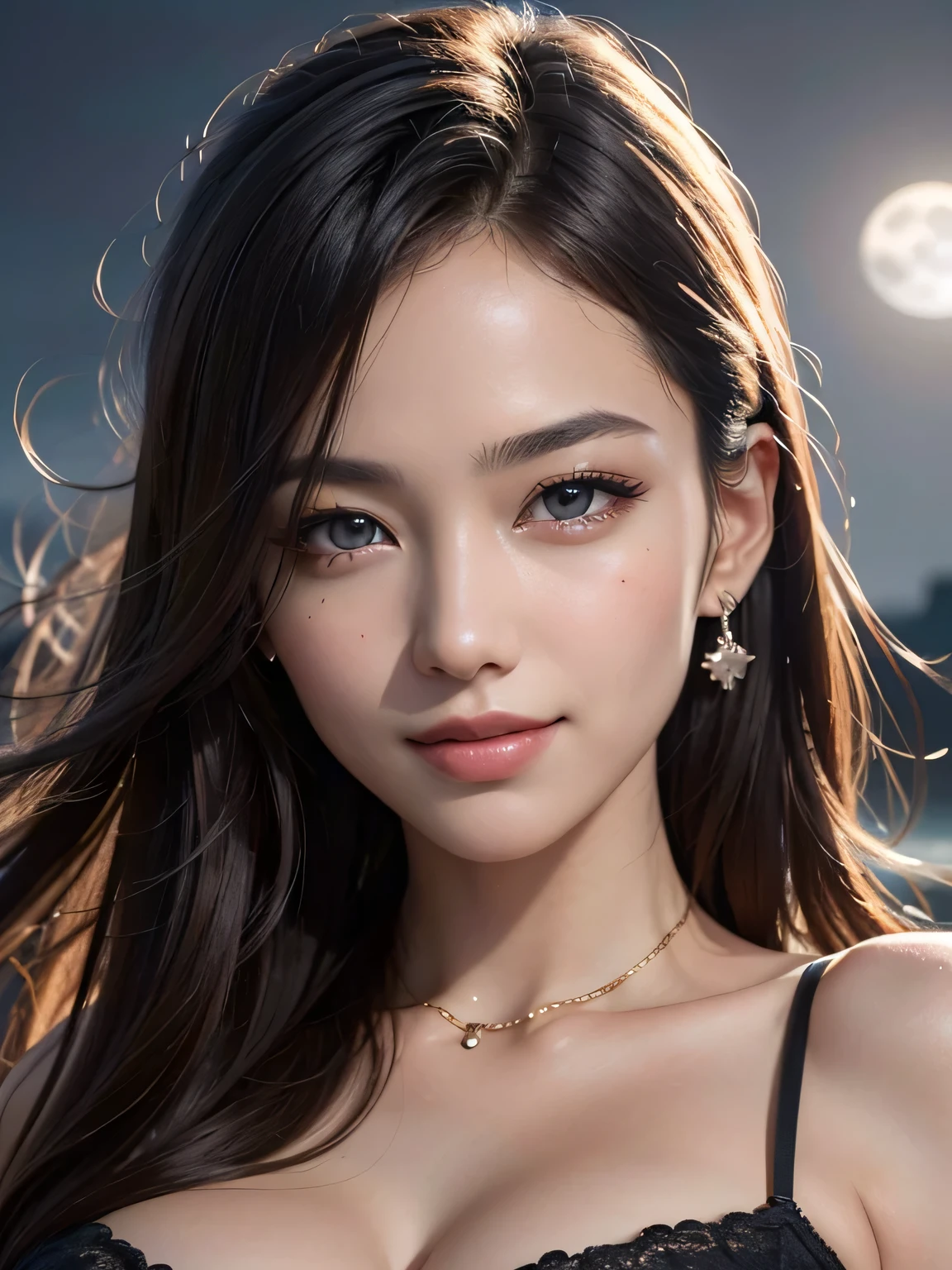 Body portrait, 8K, thin and beautiful eyes, Dindal effect, masterpiece, top quality, high quality, high resolution, very detailed photo, (natural skin texture, fine skin, hyper realism, super sharpness), high detail skin, (very fine, fine skin texture, intricate details, beautiful face, (realistic face), realistic eyes, beautifully detailed eyes, realistic skin, beautiful skin, surreal, very detailed Golden ratio, smiling eyes, ((night moonlight background) )), body portrait, G cup, big breasts, huge breasts, big breasts, glamorous, sexy knit dress,