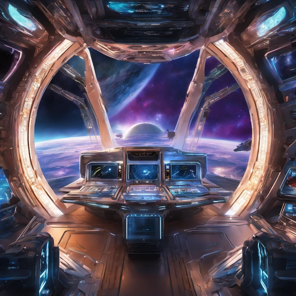 (highres:1.2),ultra-detailed,(realistic:1.37) spaceship,proton-class cosmic warship,flagship "Arcadia",futuristic,grand-scaled,beautiful intricate design,glowing thrusters,gleaming metallic surface,advanced propulsion system,hovering gracefully in the vastness of space,commanding presence,orbital cannons strategically positioned,gigantic hangar doors opened revealing a fleet of smaller spacecraft,fine craftsmanship evident in every detail,intergalactic symbol of power and authority,colorful holographic displays illuminating the bridge,reflective windows showcasing the awe-inspiring view of the cosmos,crew members bustling with activity wearing sleek uniforms,captain's chair with intricate embroidery,impressive command center equipped with advanced technology,sophisticated navigation systems and communication arrays,soft blue and purple lighting illuminating the interior,otherworldly sounds filling the air,cosmic energy flowing through the ship,masterpiece of engineering and art,HDR colors highlighting the vibrant and dynamic nature of the spaceship's design,majestic and awe-inspiring display of human achievement,ready to explore the mysteries of the universe.