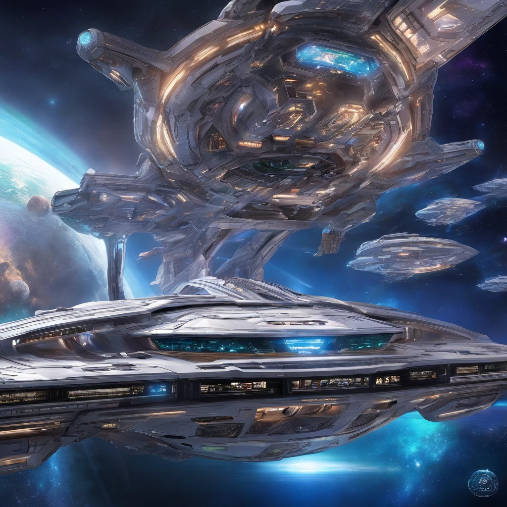 (highres:1.2),ultra-detailed,(realistic:1.37) spaceship,proton-class cosmic warship,flagship "Arcadia",futuristic,grand-scaled,beautiful intricate design,glowing thrusters,gleaming metallic surface,advanced propulsion system,hovering gracefully in the vastness of space,commanding presence,orbital cannons strategically positioned,gigantic hangar doors opened revealing a fleet of smaller spacecraft,fine craftsmanship evident in every detail,intergalactic symbol of power and authority,colorful holographic displays illuminating the bridge,reflective windows showcasing the awe-inspiring view of the cosmos,crew members bustling with activity wearing sleek uniforms,captain's chair with intricate embroidery,impressive command center equipped with advanced technology,sophisticated navigation systems and communication arrays,soft blue and purple lighting illuminating the interior,otherworldly sounds filling the air,cosmic energy flowing through the ship,masterpiece of engineering and art,HDR colors highlighting the vibrant and dynamic nature of the spaceship's design,majestic and awe-inspiring display of human achievement,ready to explore the mysteries of the universe.