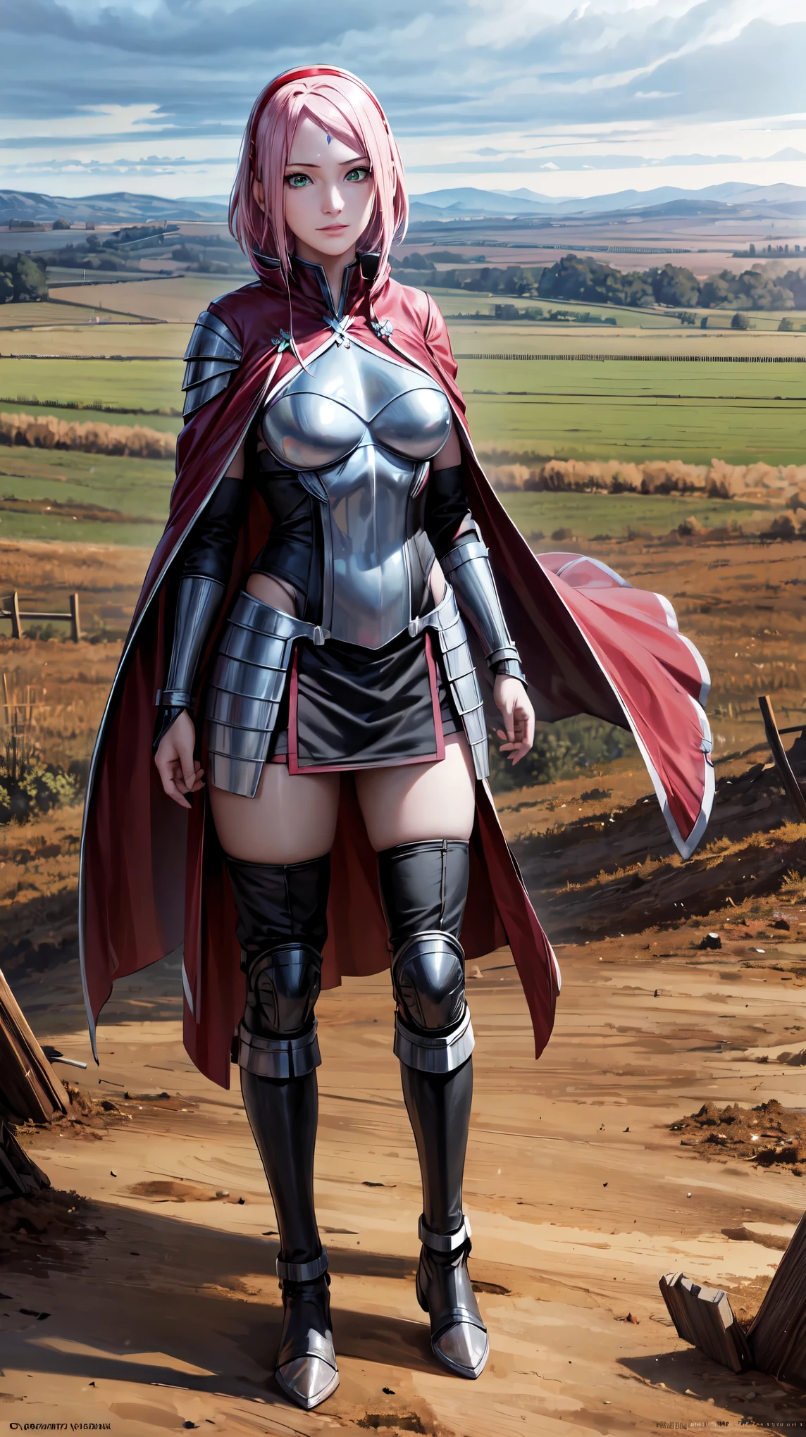 Masterpiece, stunning realistic, best quality, sharpness,1 girl,forehead mark,full body,(metall arnor:1.1),red cape,knight armor,standing in a destroyed farm,fight field,,sakura haruno,pink hair,green eyes,red hairband,middle large breasts,cute smile,