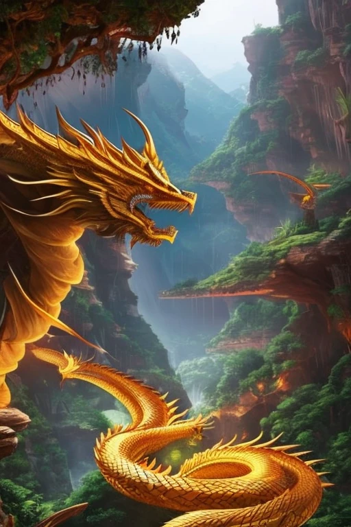 So sublime and divine々A beautiful golden dragon coiled up in the center of the screen, glaring at the camera.。金色のThe dragon is幸せをもたらす神なのでとても有難い存在である。The surrounding area is a canyon where no one can get close, and lightning is flashing in the background.、The sun is shining brightly。The dragon is、I want a realistic image。